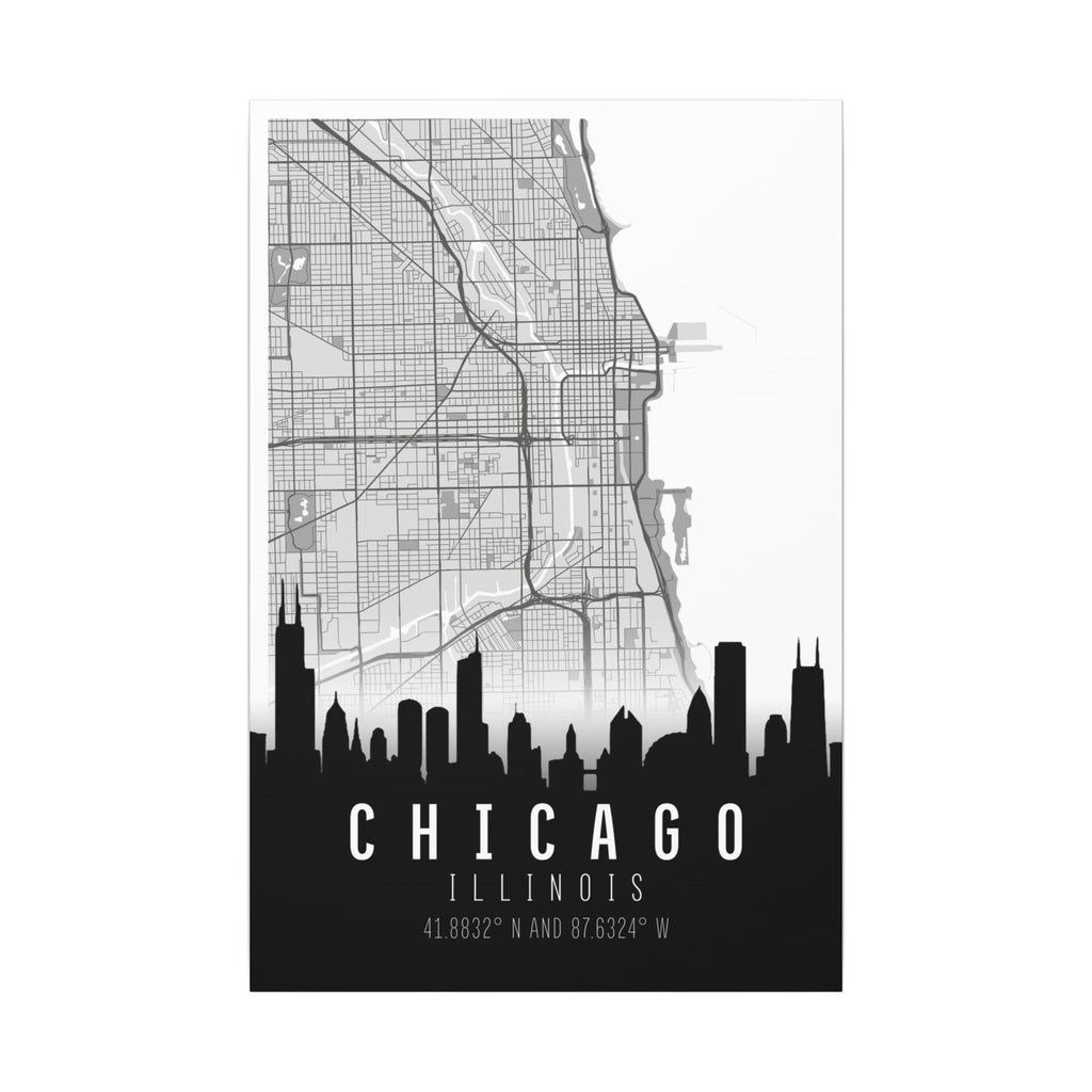 Chicago skyline map on matte canvas, city grid lines and black skyline silhouette