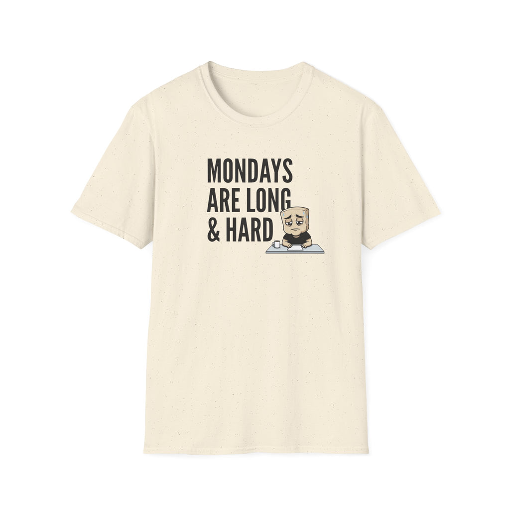 Natural/beige T-shirt with “MONDAYS ARE LONG & HARD” graphic and cartoon coffee mug
