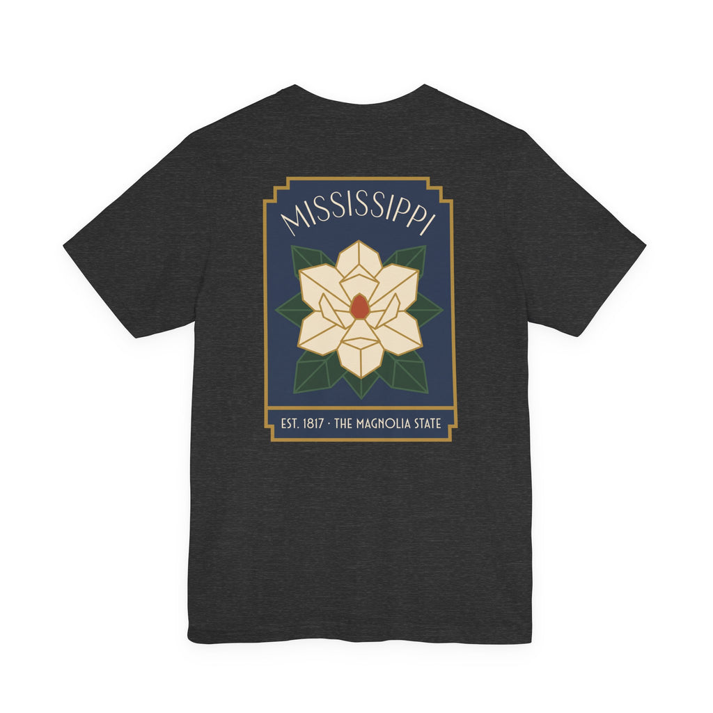 Dark gray T-shirt with Magnolia square graphic and Mississippi text