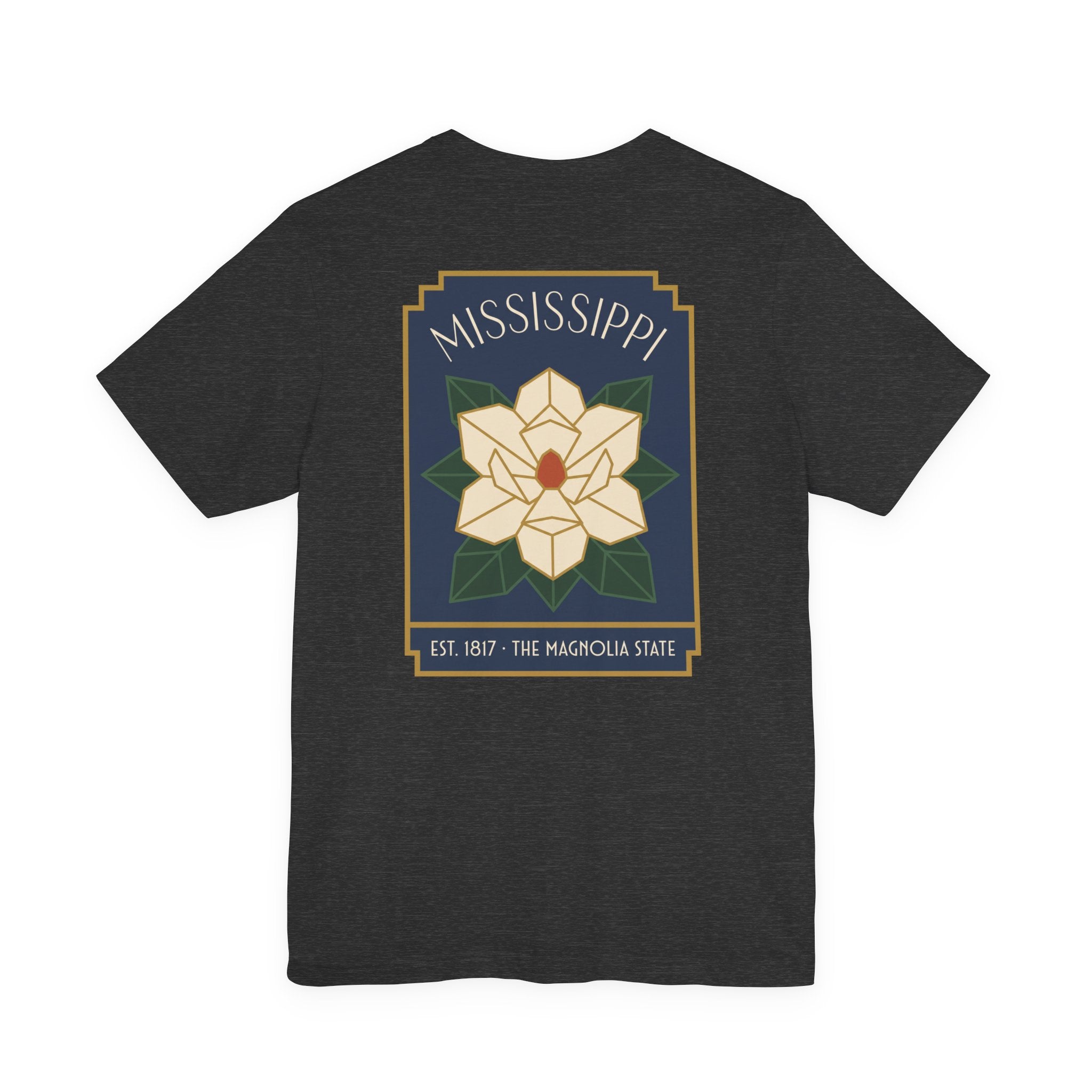 Dark gray T-shirt with Magnolia square graphic and Mississippi text