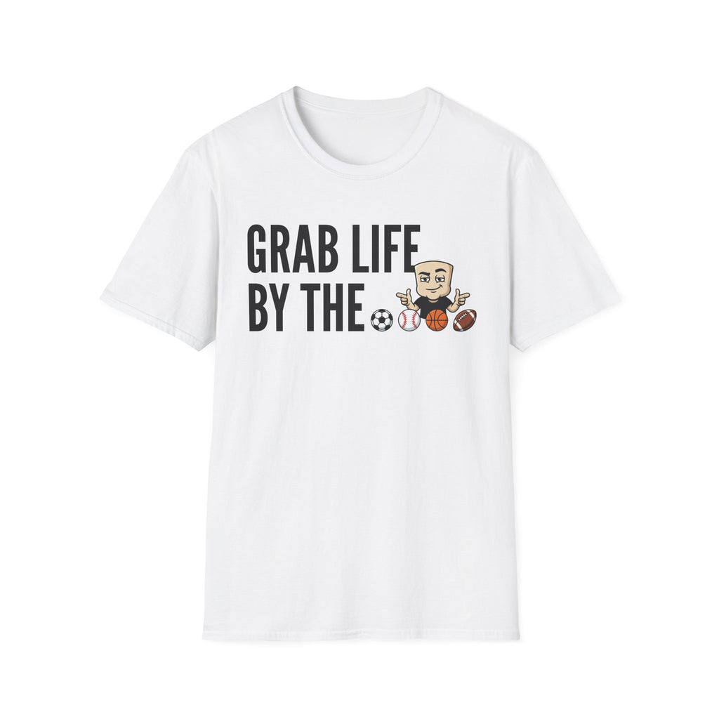 White graphic T-shirt with bold motivational text and sports ball character