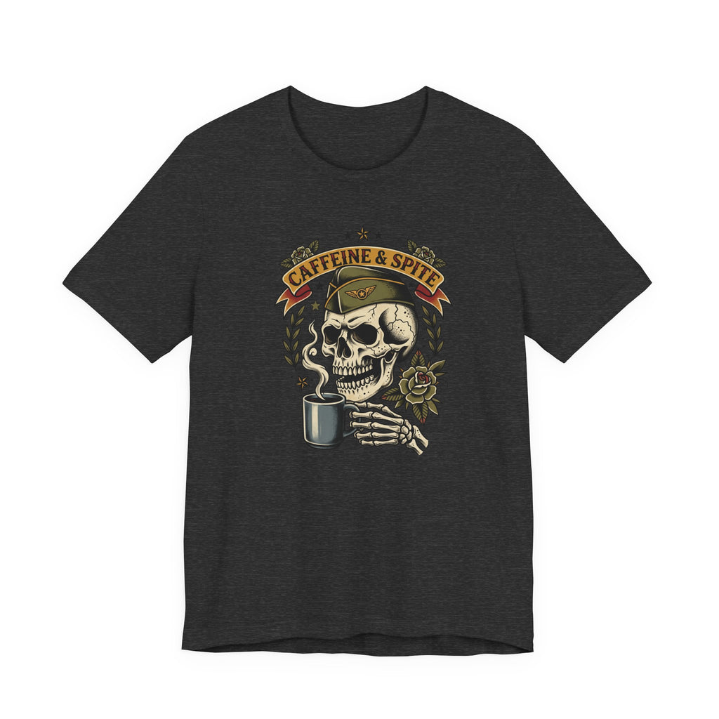 Dark heather graphic T-shirt with skull holding coffee mug, Caffeine & Spite design