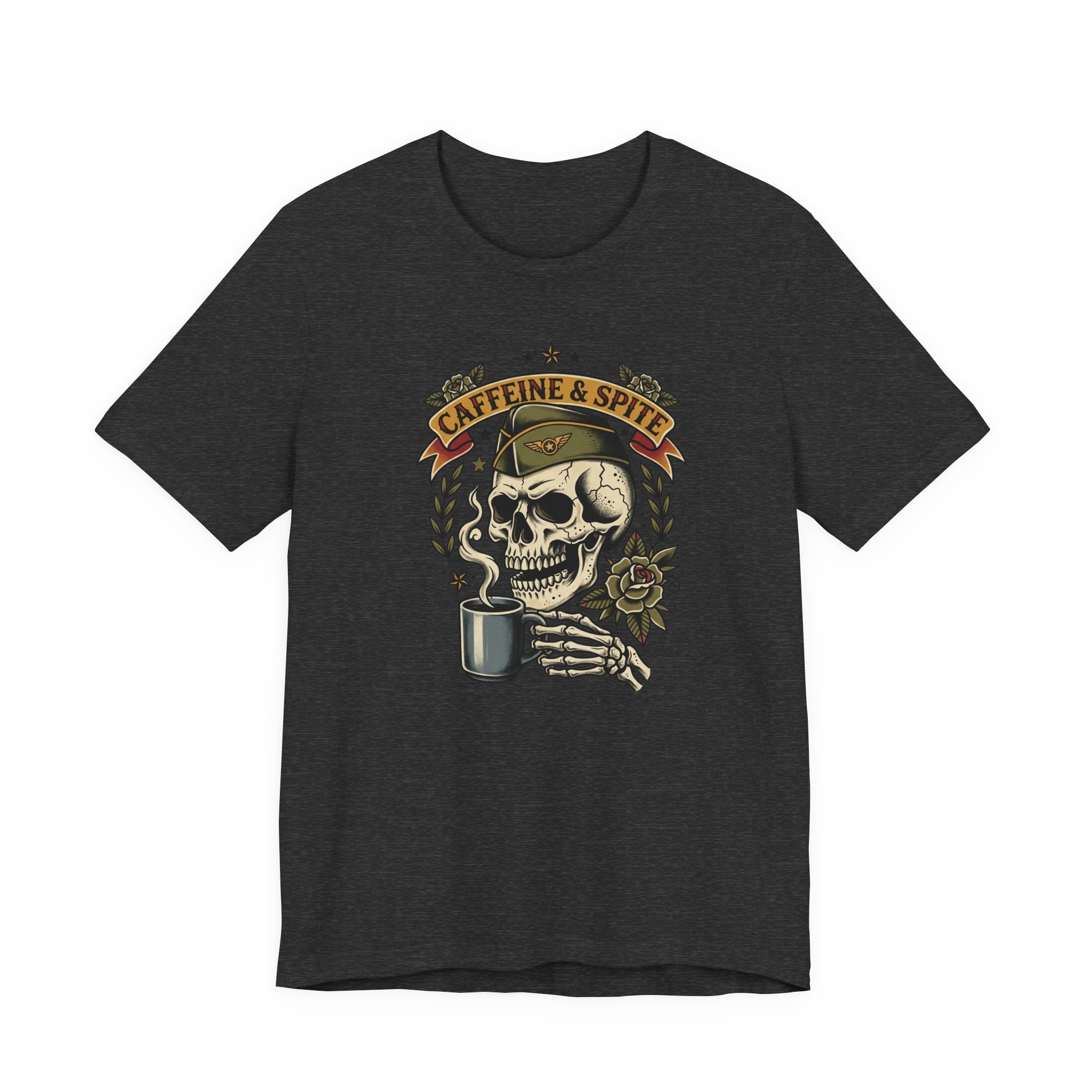 Dark heather graphic T-shirt with skull holding coffee mug, Caffeine & Spite design