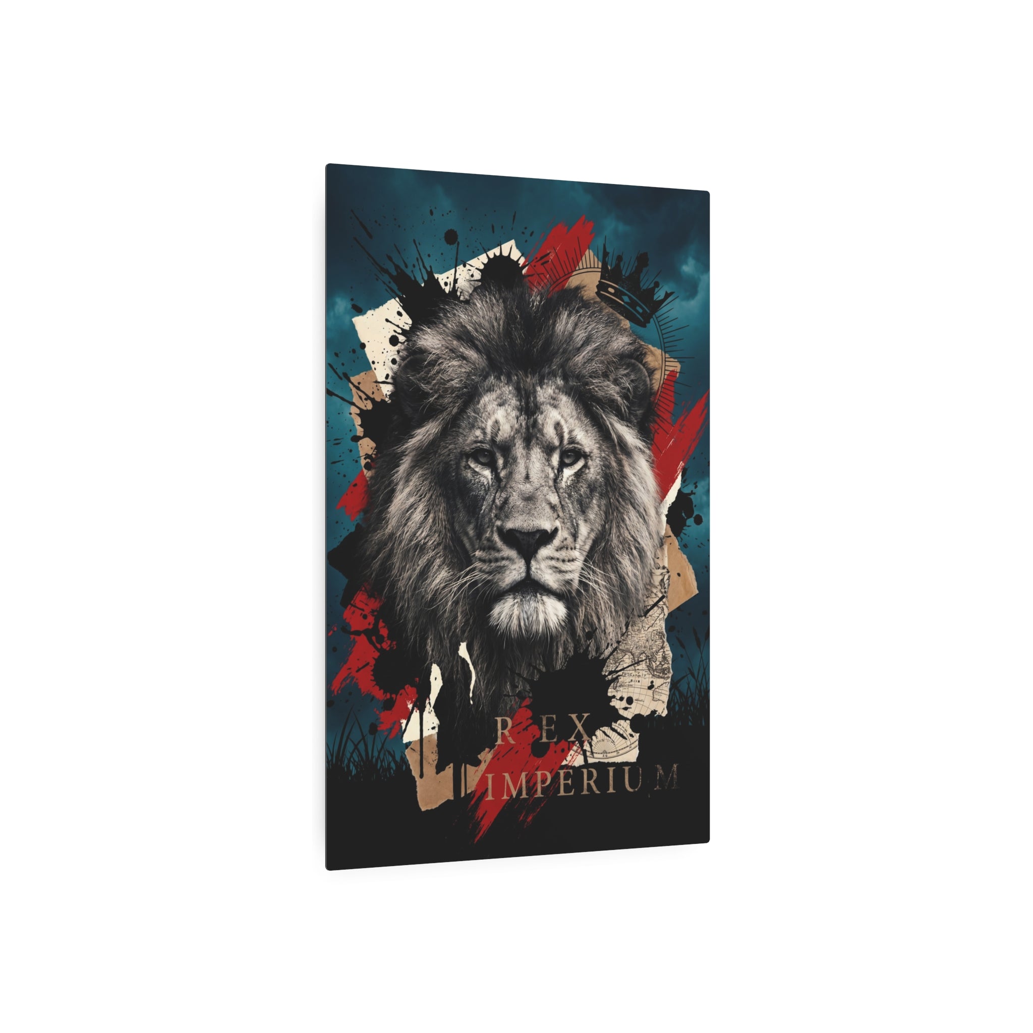 Löwenkopf-Grafik auf Wandposter: schwarz-grau, Spritzmuster und „Rex Imperium“