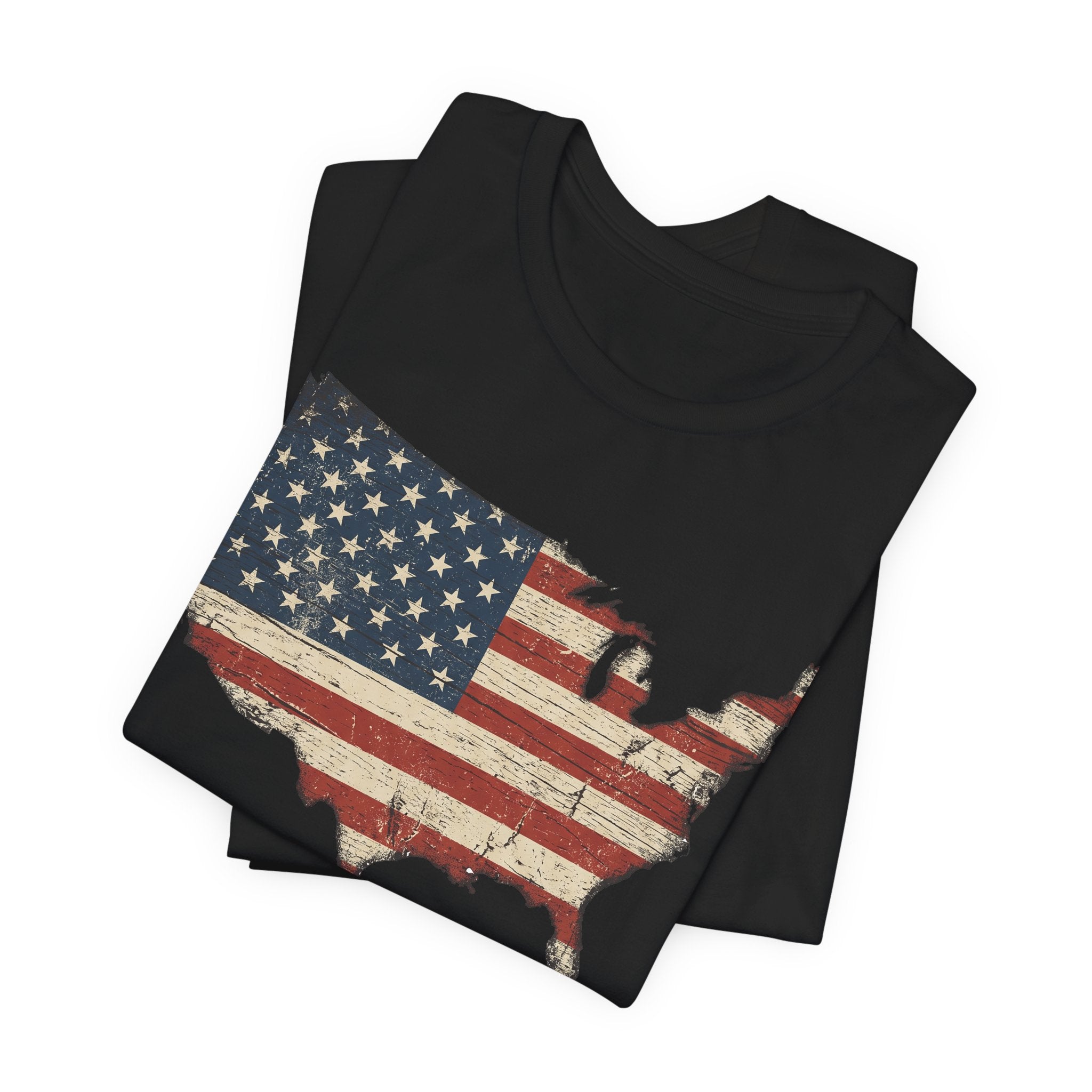 Black T-shirt with distressed American flag map graphic across the chest