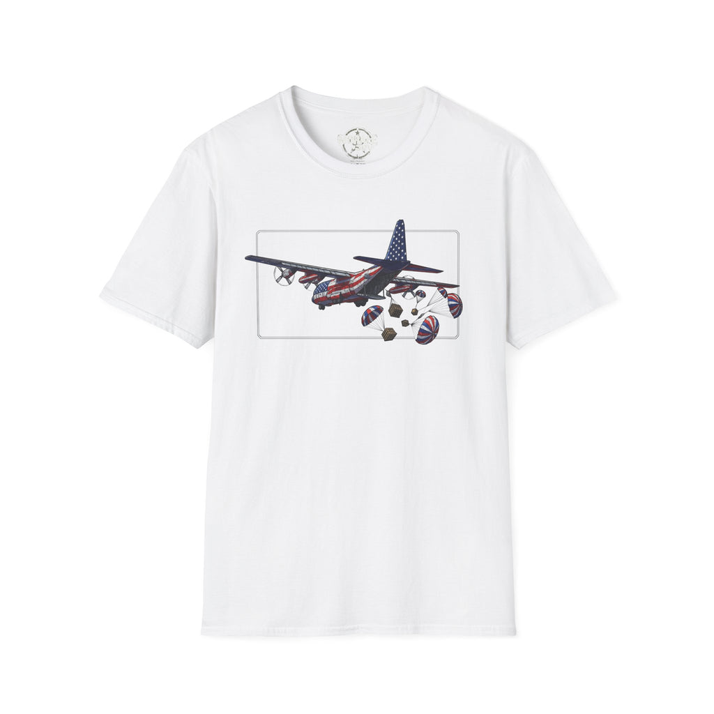 Weißes C-130 T‑Shirt: Grafik von Flugzeug mit Fallschirm-Paketen im Rahmen