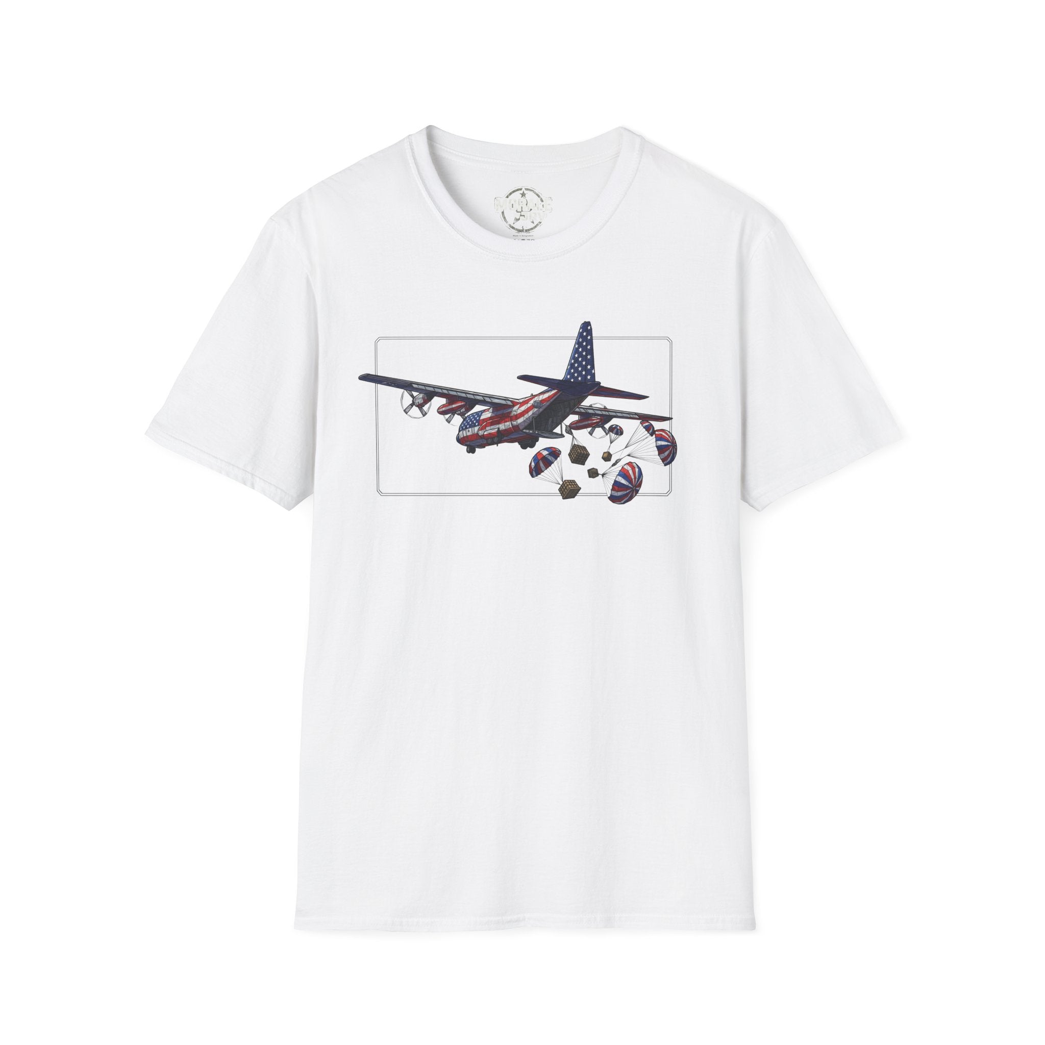 Weißes C-130 T‑Shirt: Grafik von Flugzeug mit Fallschirm-Paketen im Rahmen