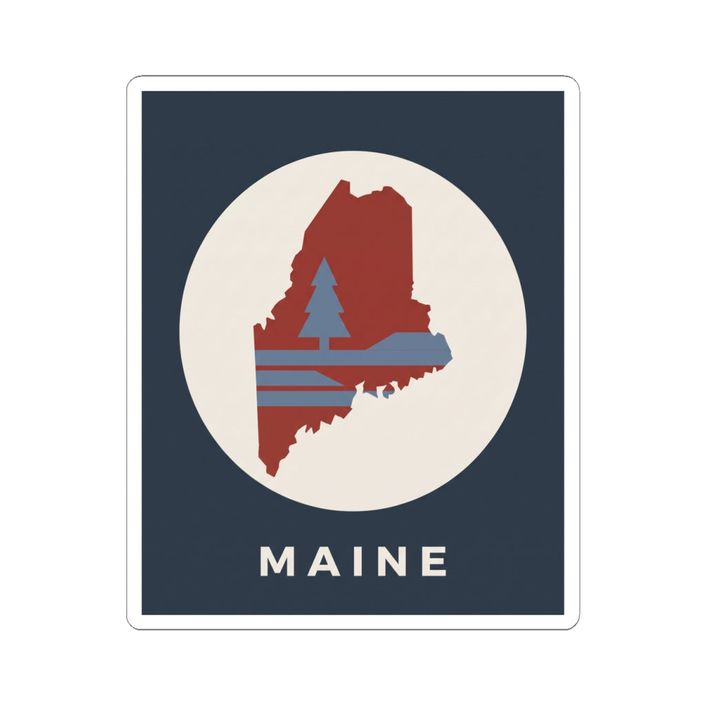 Maine state silhouette kiss-cut sticker in navy square with red Maine outline and “MAINE”
