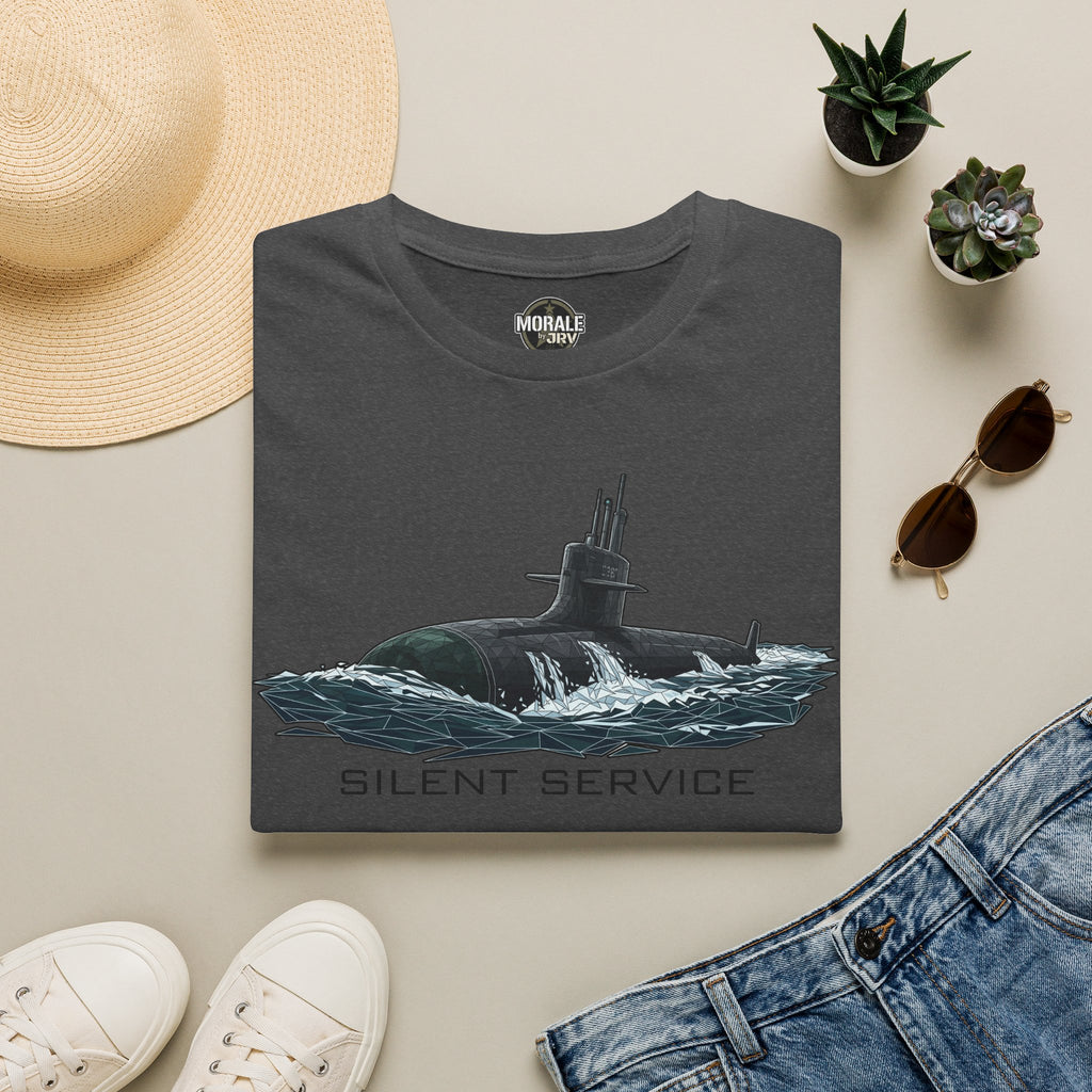 Charcoal crew-neck T-shirt with submarine graphic and 'Silent Service' text