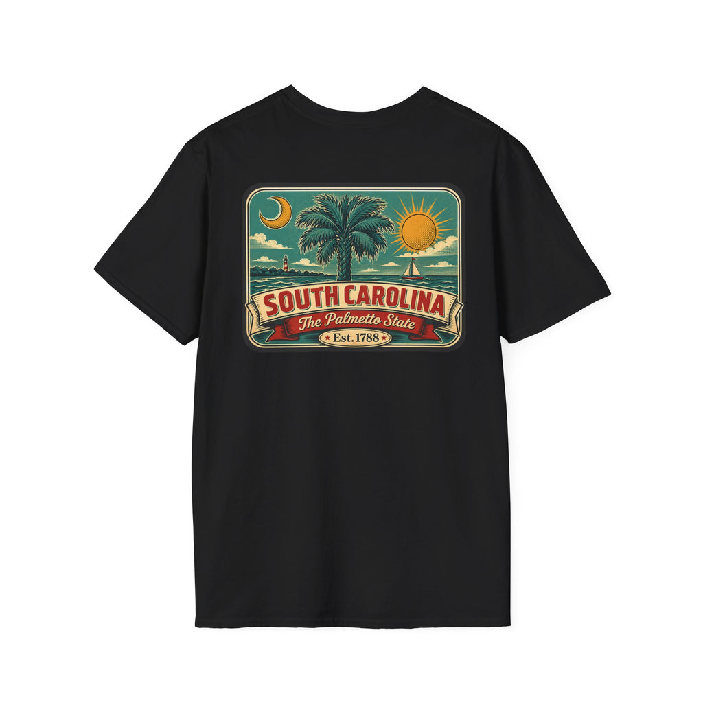 Black T-shirt with South Carolina palm graphic patch and Est. 1788 text