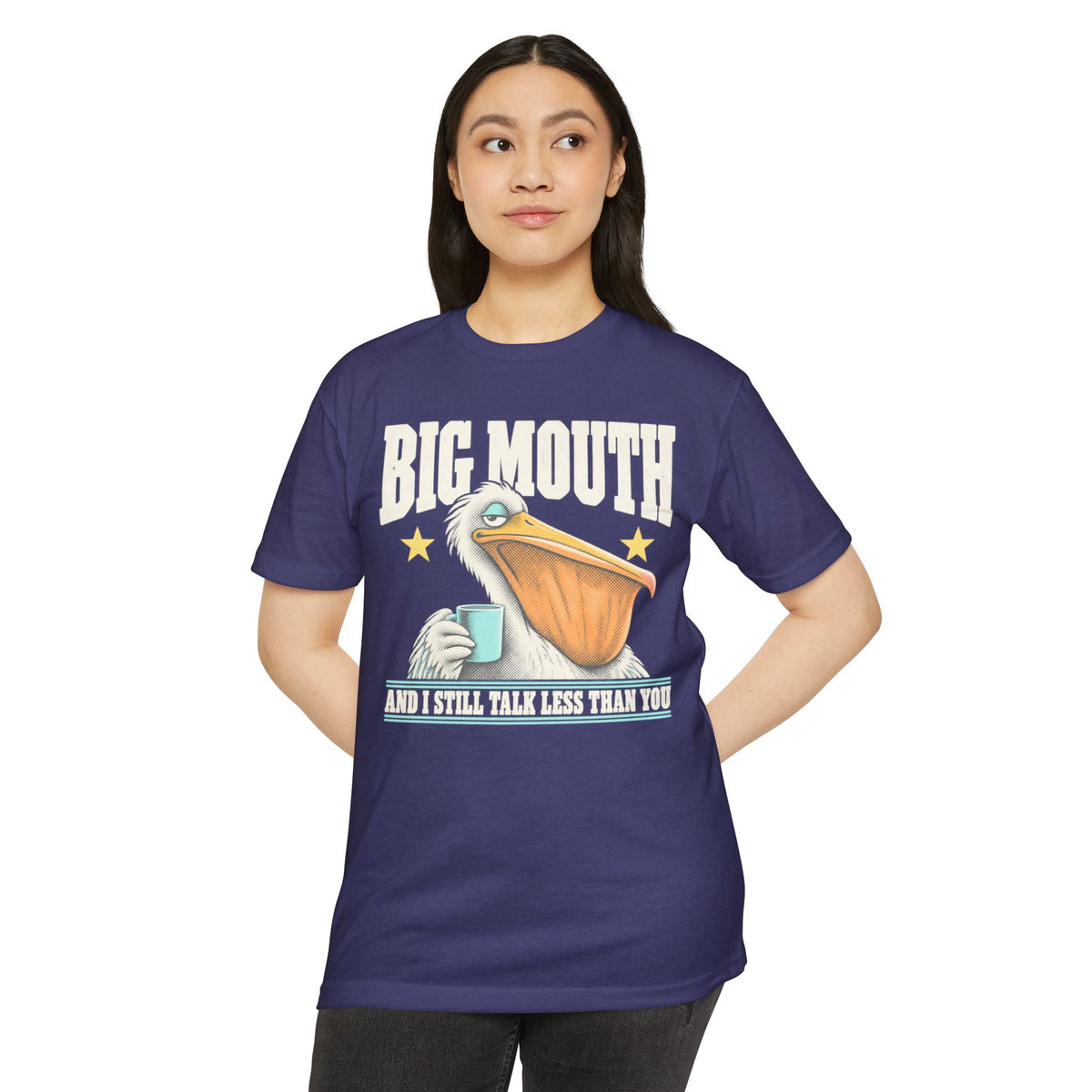 Purple crew-neck t-shirt with front pelican coffee graphic and text print.