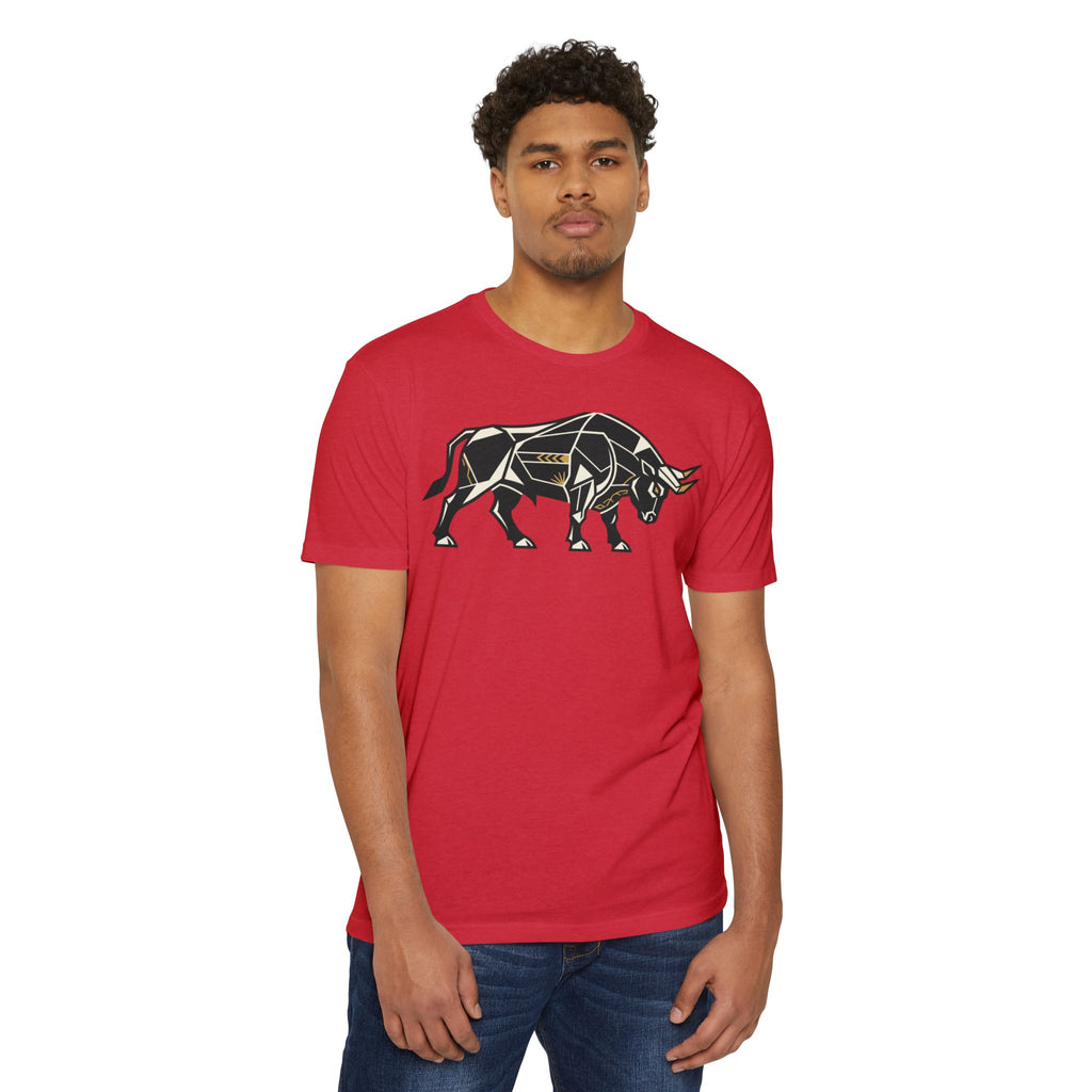 Red bull graphic T-shirt with geometric charging bull print, crew neck short sleeves