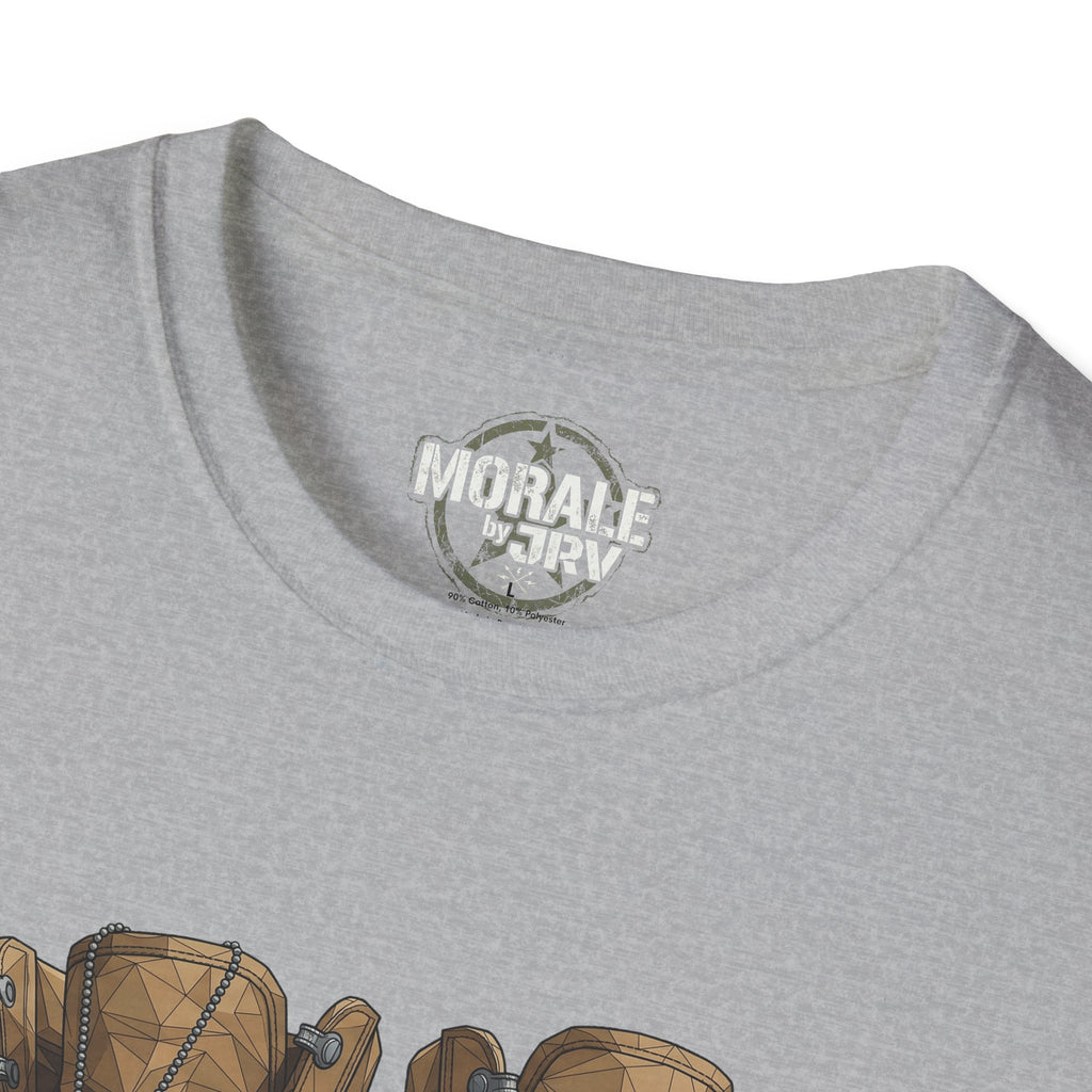 Worn Leather Combat Boots T-Shirt, sport grey—“MORALE by TRIV” neck logo