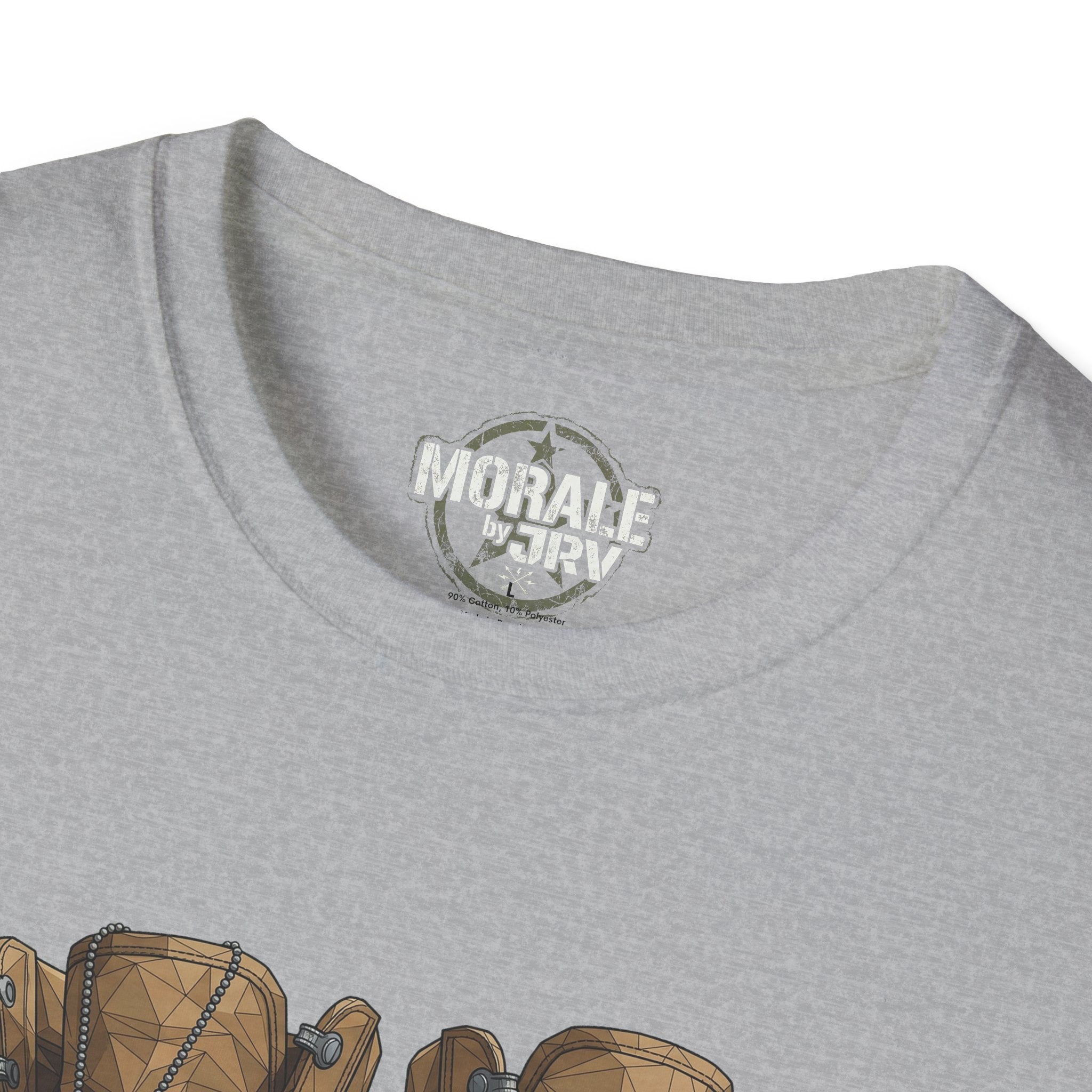 Worn Leather Combat Boots T-Shirt, sport grey—“MORALE by TRIV” neck logo