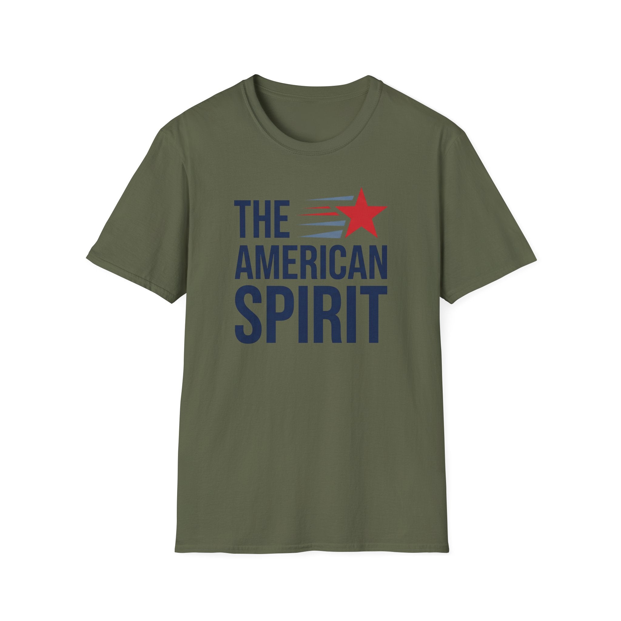 Military green crewneck T-shirt with star and 'THE AMERICAN SPIRIT' text