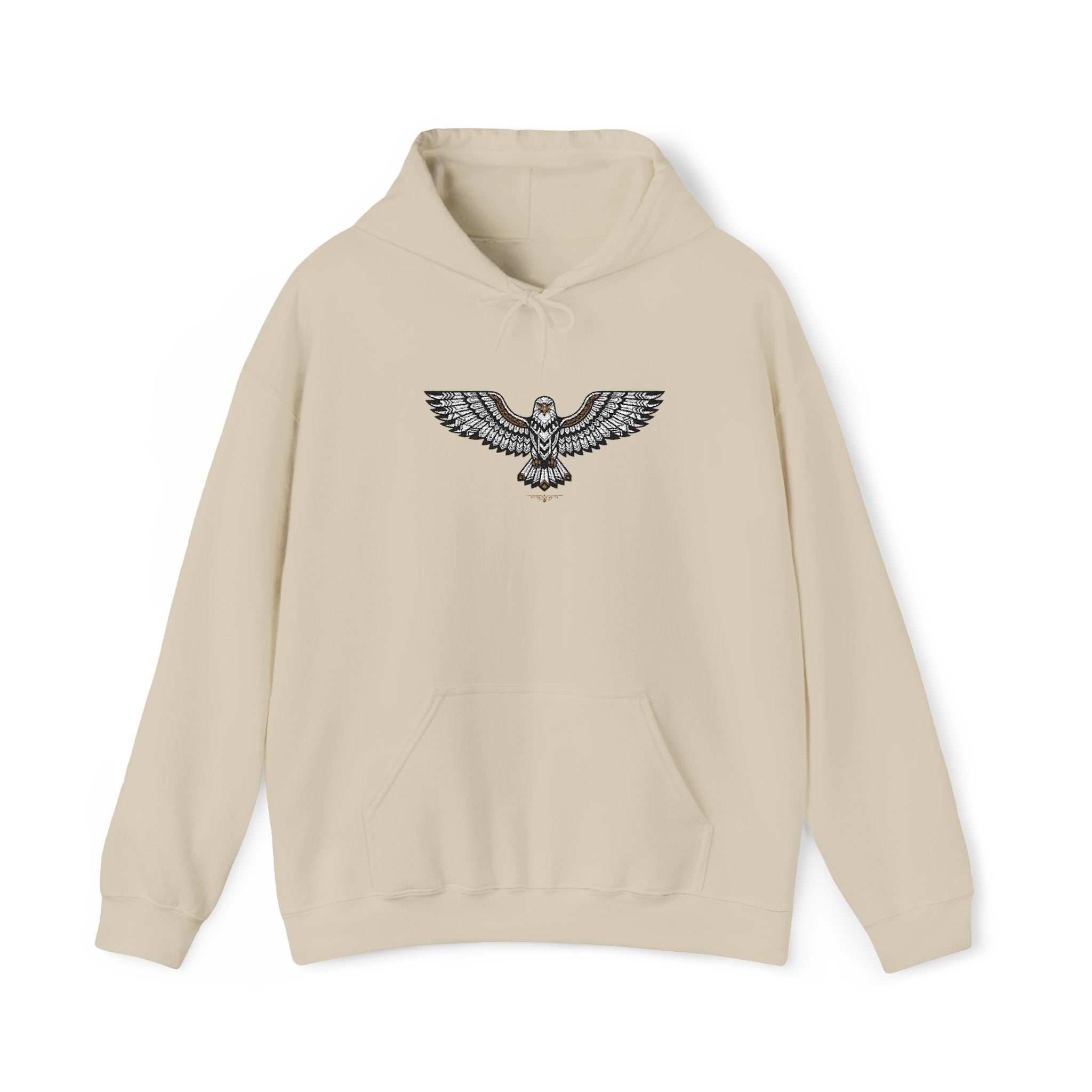 Light beige unisex hoodie with drawstring hood, front pocket, rhinestone eagle chest
