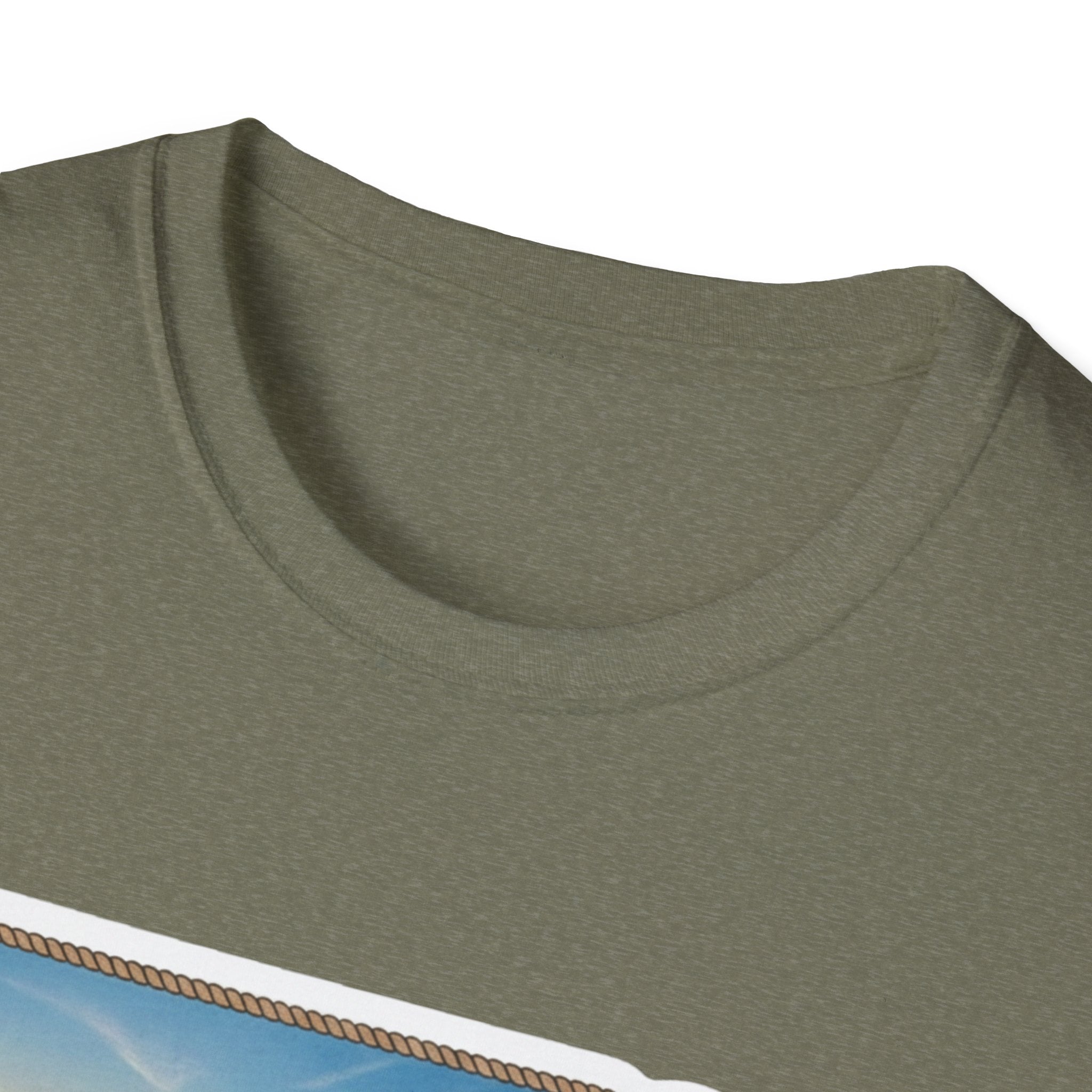 I Am Nebraska T-Shirt in Heather Military Green, crew neck close-up
