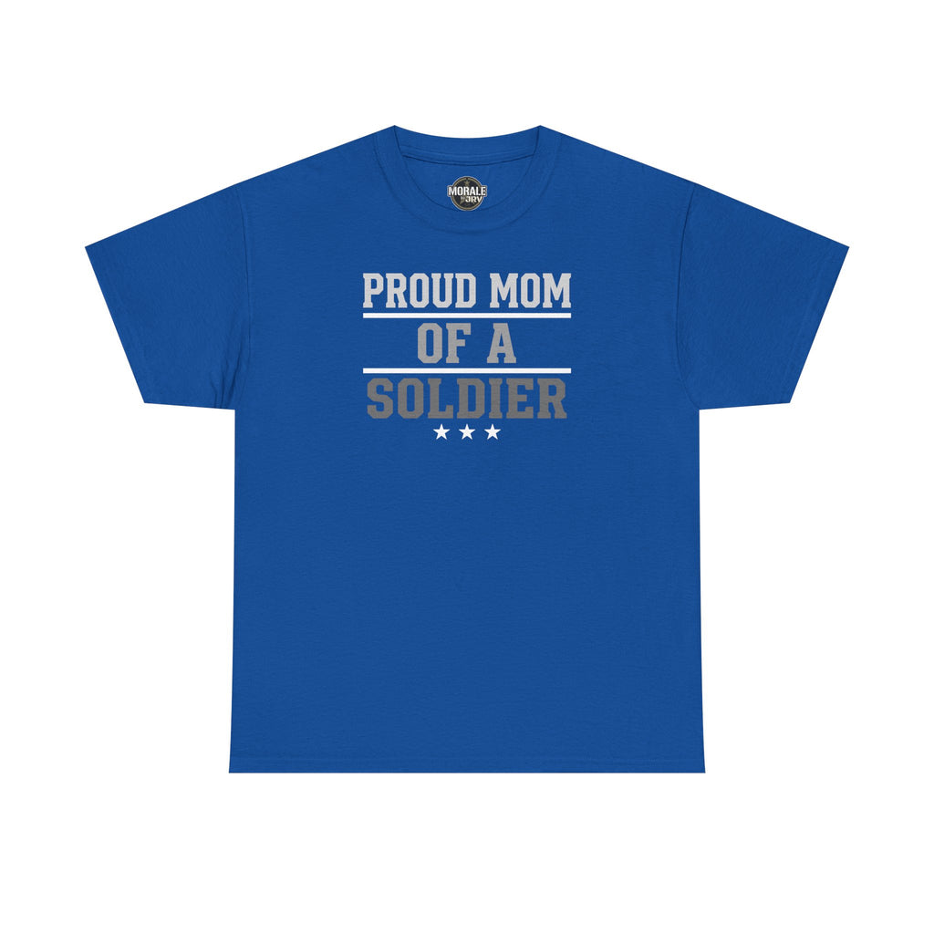Royal blue crewneck T-shirt with “Proud Mom of a Soldier” graphic and three stars