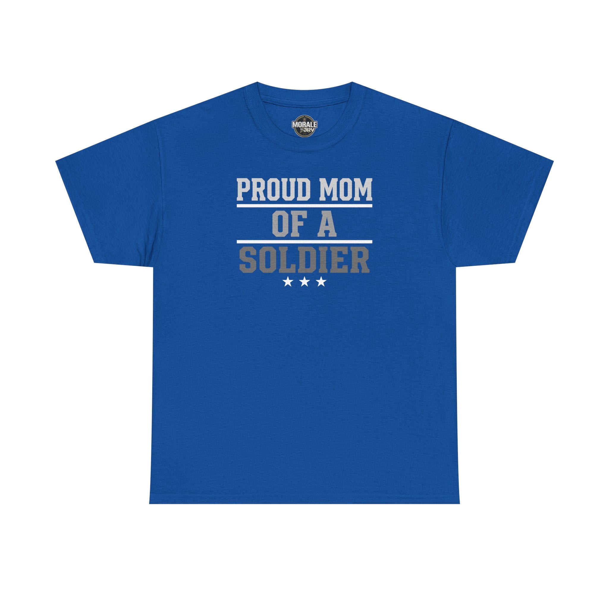 Royal blue crewneck T-shirt with “Proud Mom of a Soldier” graphic and three stars