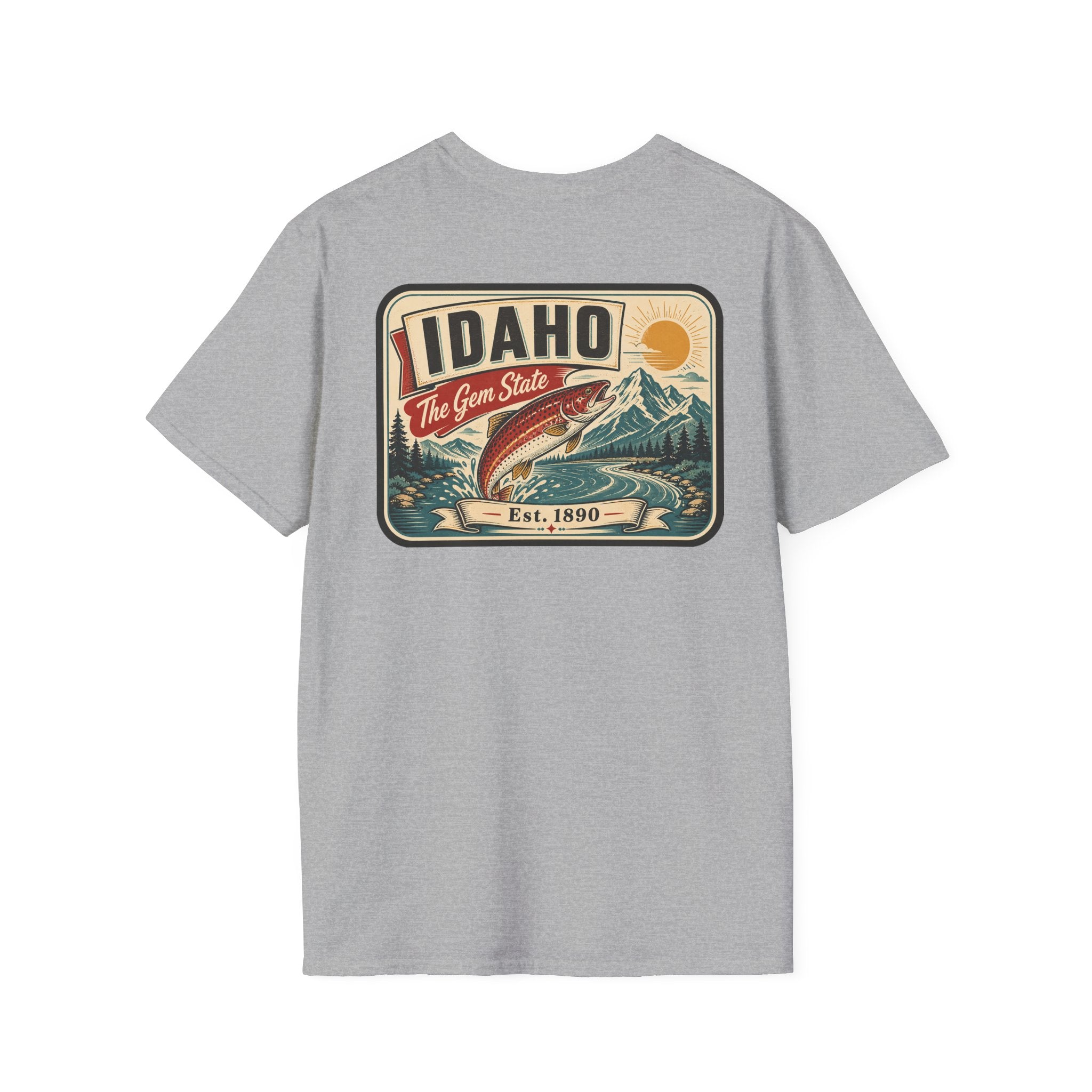 Light gray heather t-shirt with Idaho travel badge graphic and trout illustration
