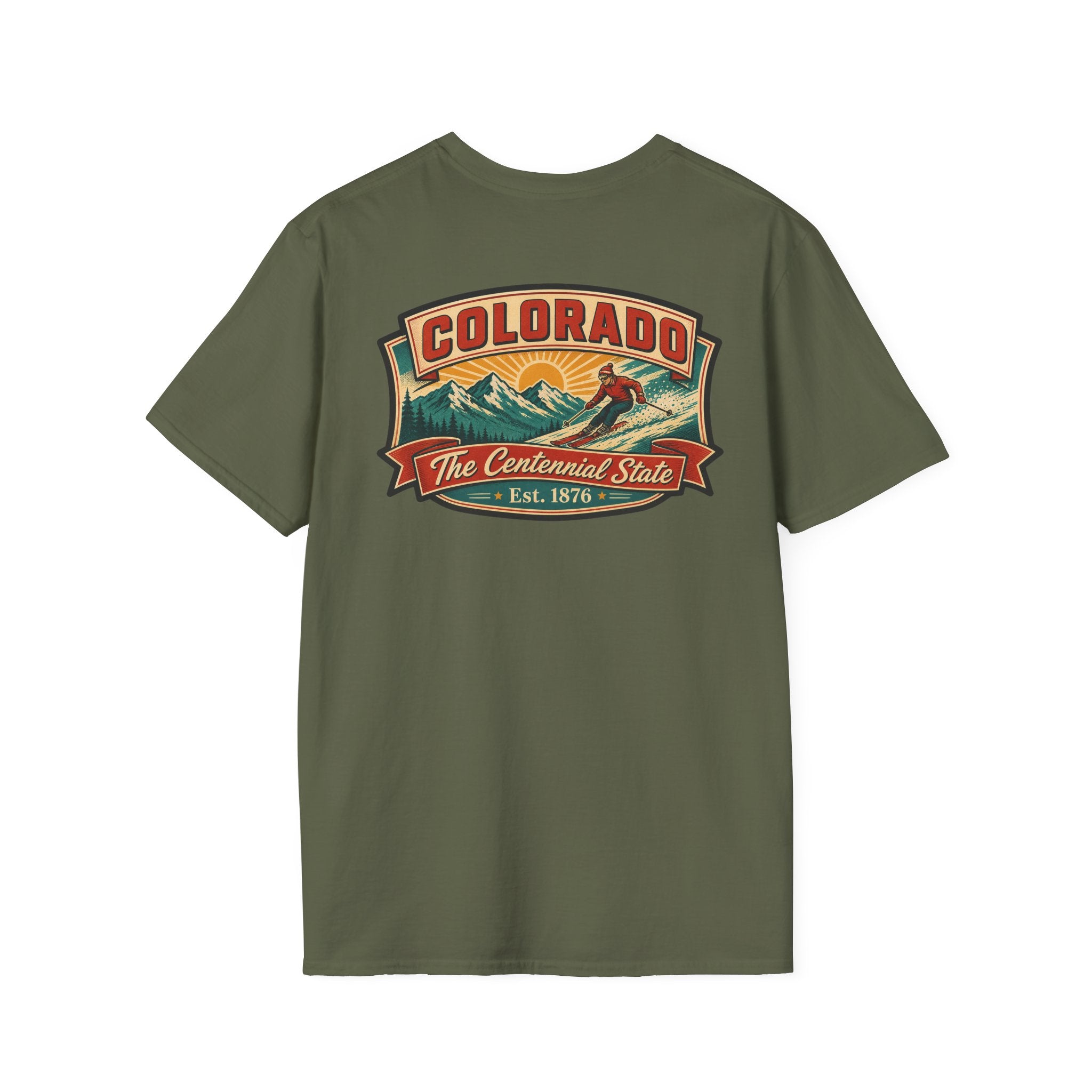 Military green t-shirt with Colorado Centennial State logo graphic on chest