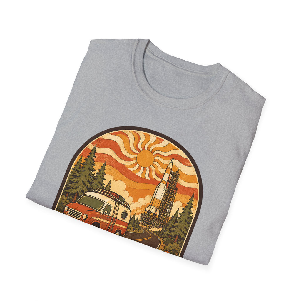 Unisex graphic T-shirt, light gray with vintage camper and sunset rocket scene in circle