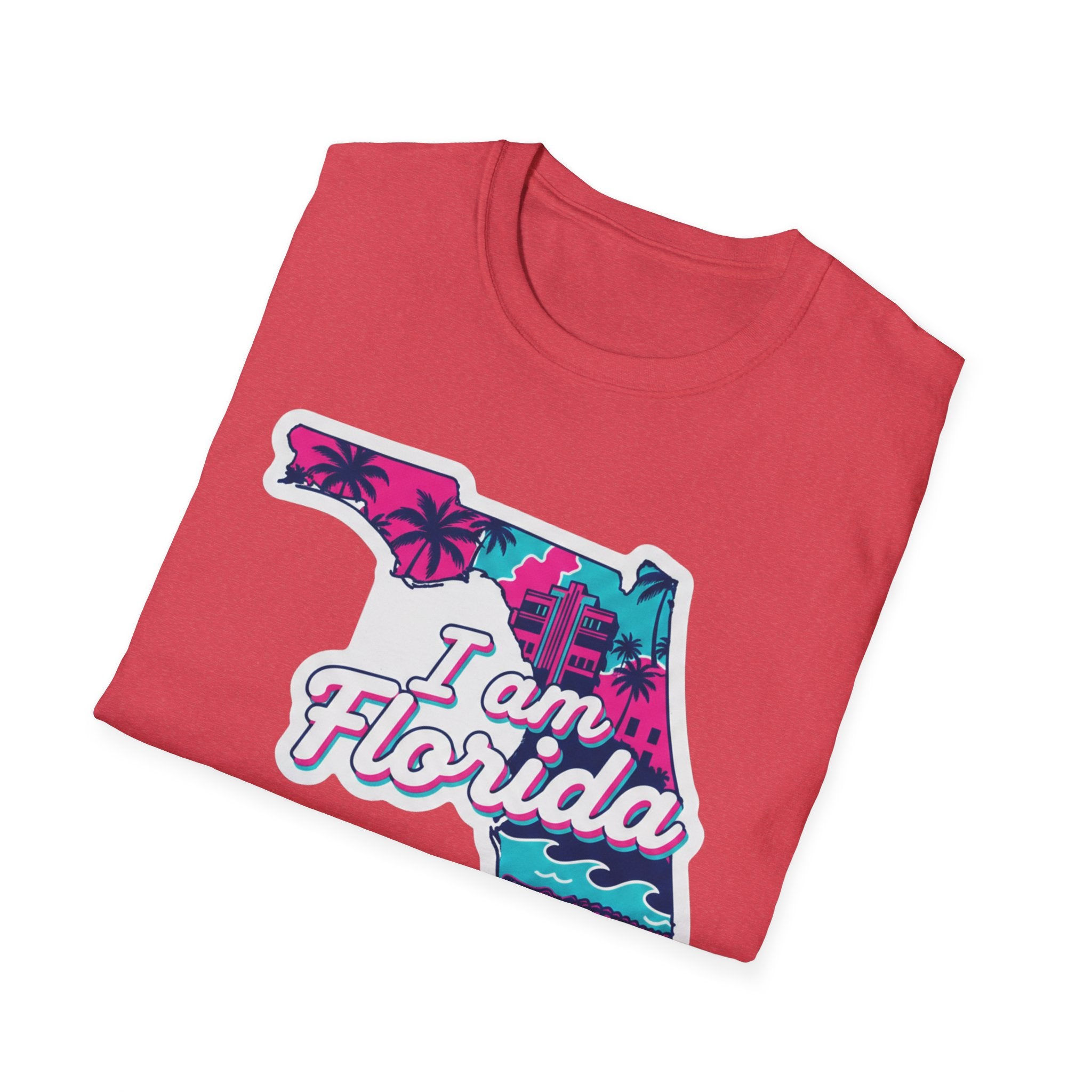Red T-shirt with Florida map retro palm graphic and “I am Florida” text