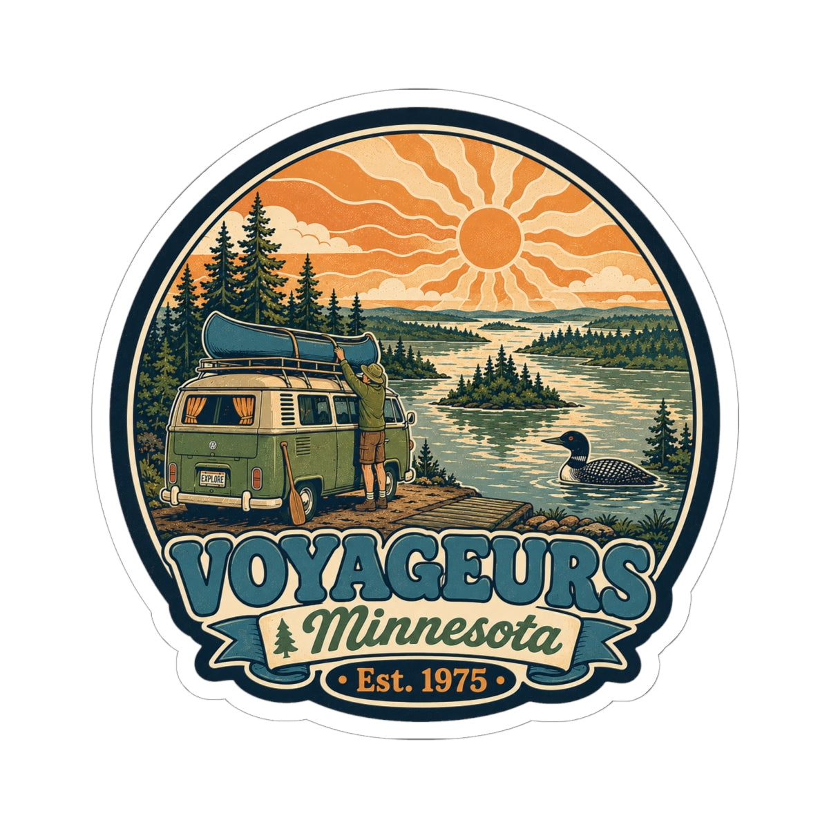 Round die-cut sticker featuring green camper van, pine trees, lake and orange sun; Voyageurs Minnesota