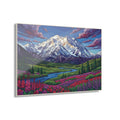 Colorful mountain landscape acrylic wall art with purple and green wildflowers, framed