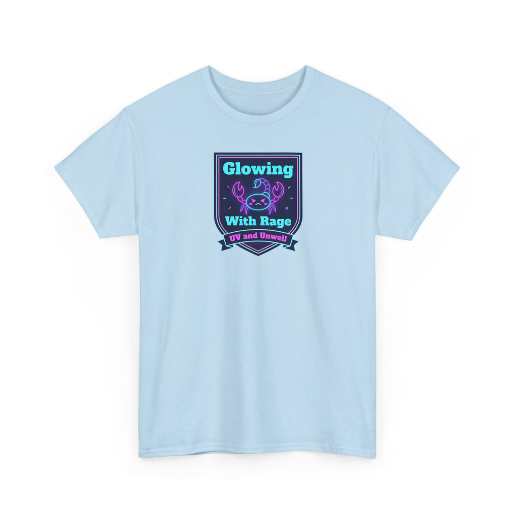 Light blue crew-neck short-sleeve t-shirt with neon square chest graphic.
