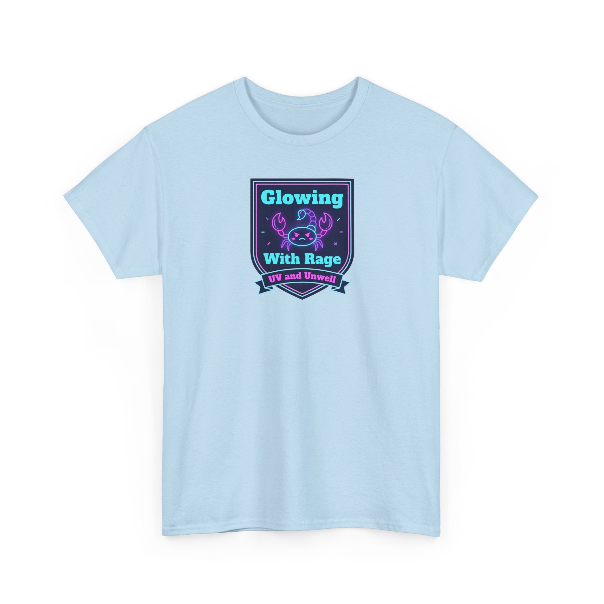 Light blue crew-neck short-sleeve t-shirt with neon square chest graphic.