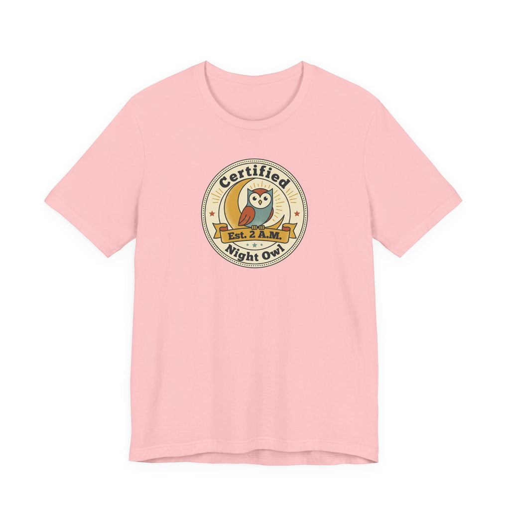 Night owl graphic T-shirt, light pink, crew neck, “Certified Night Owl” badge front print