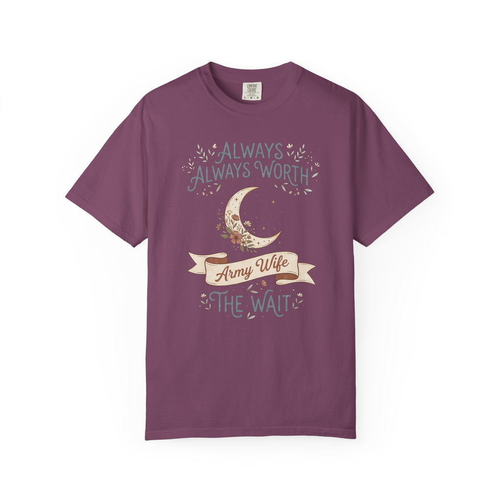 Purple T-shirt with moon and 'Always Worth the Wait' graphic in gold and white