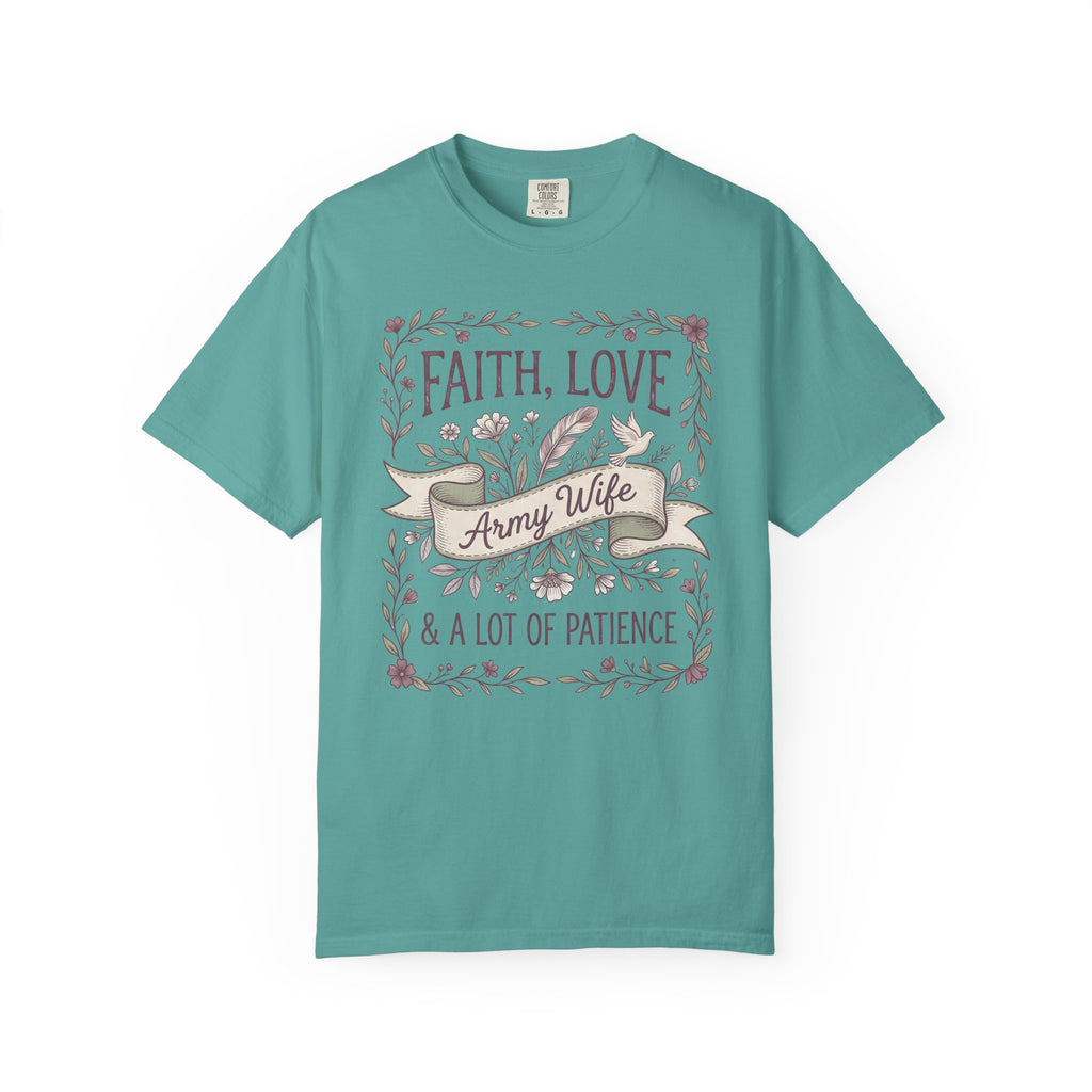 Teal crewneck T-shirt with floral "Faith Love & A Lot of Patience" print