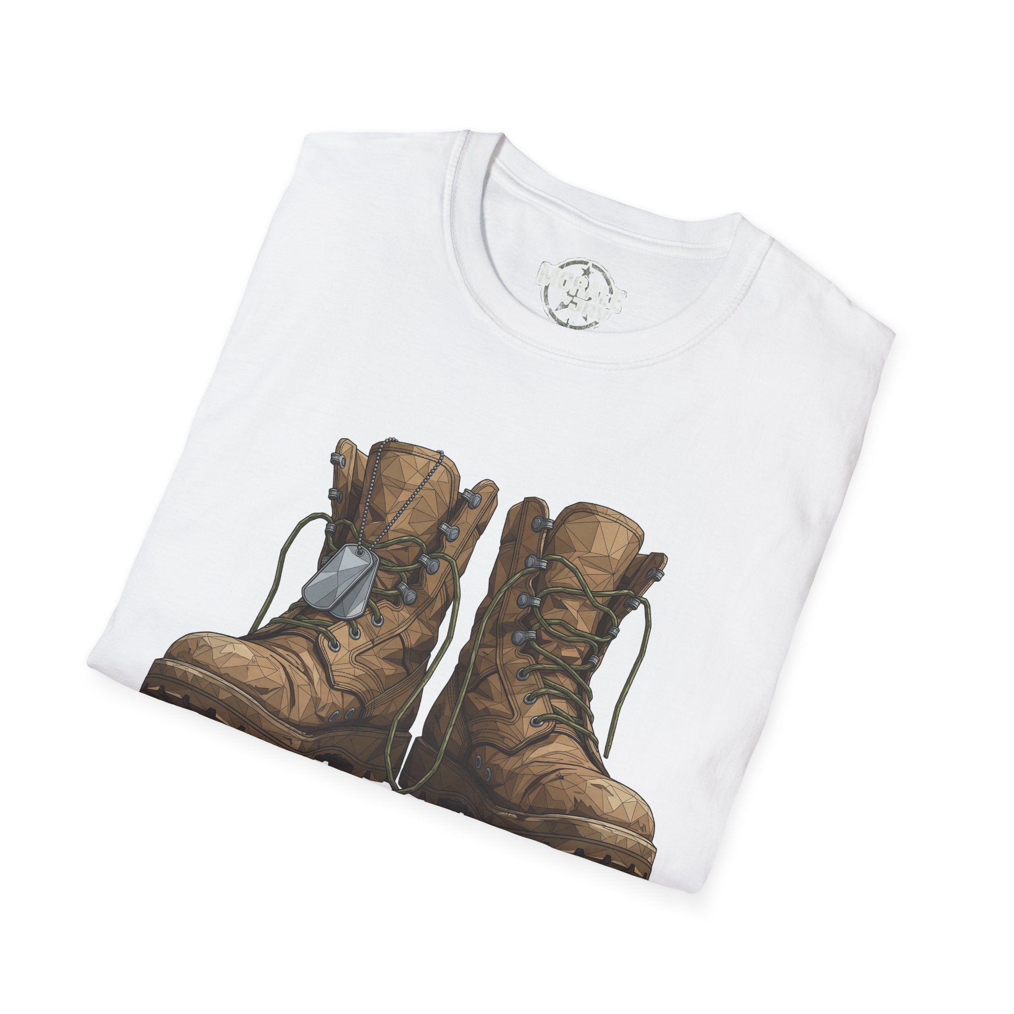 White T-shirt with large brown combat boots illustration, front graphic