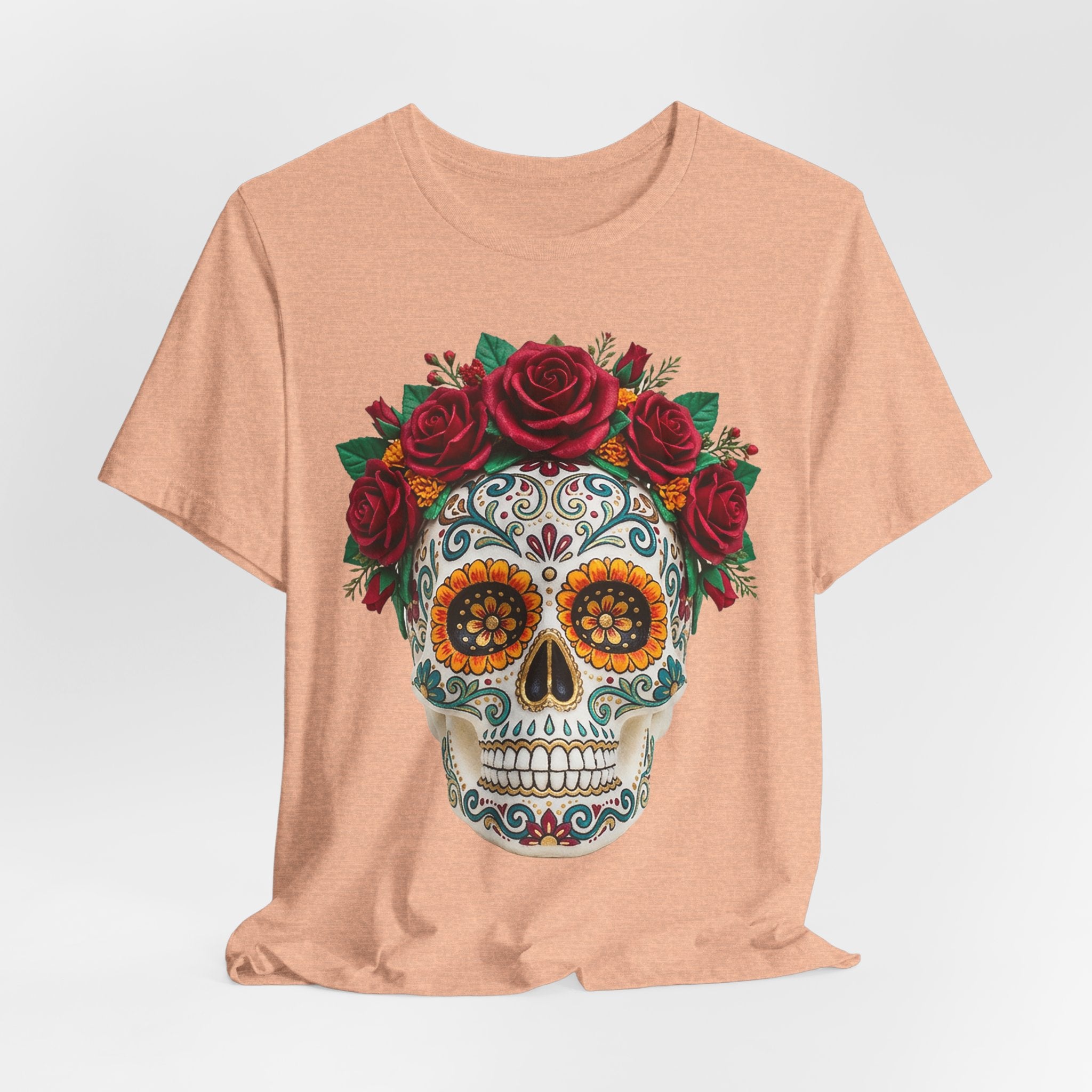 Heather Peach T-shirt with sugar skull face and red rose crown graphic