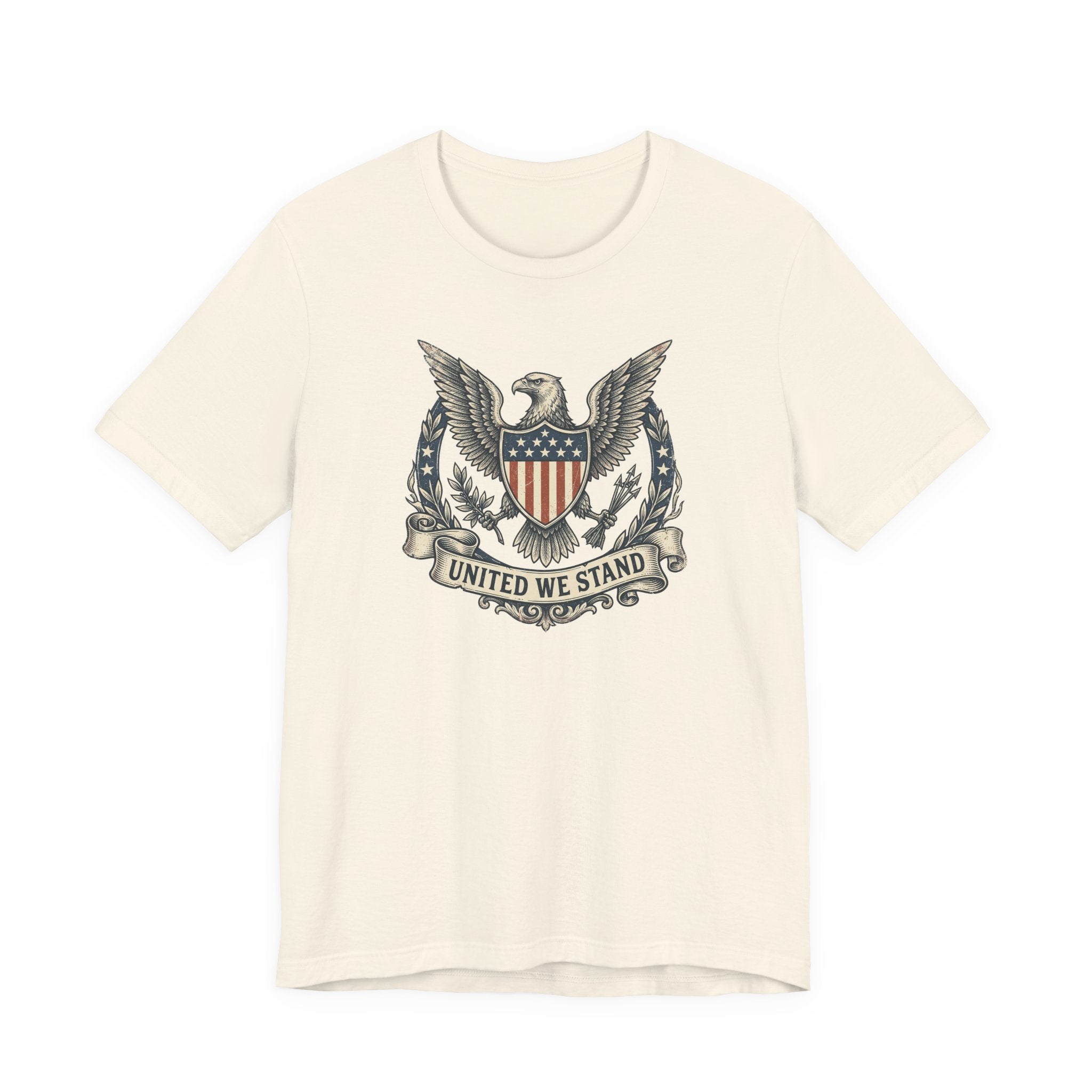 Cream T-shirt with eagle shield crest graphic and "United We Stand" text