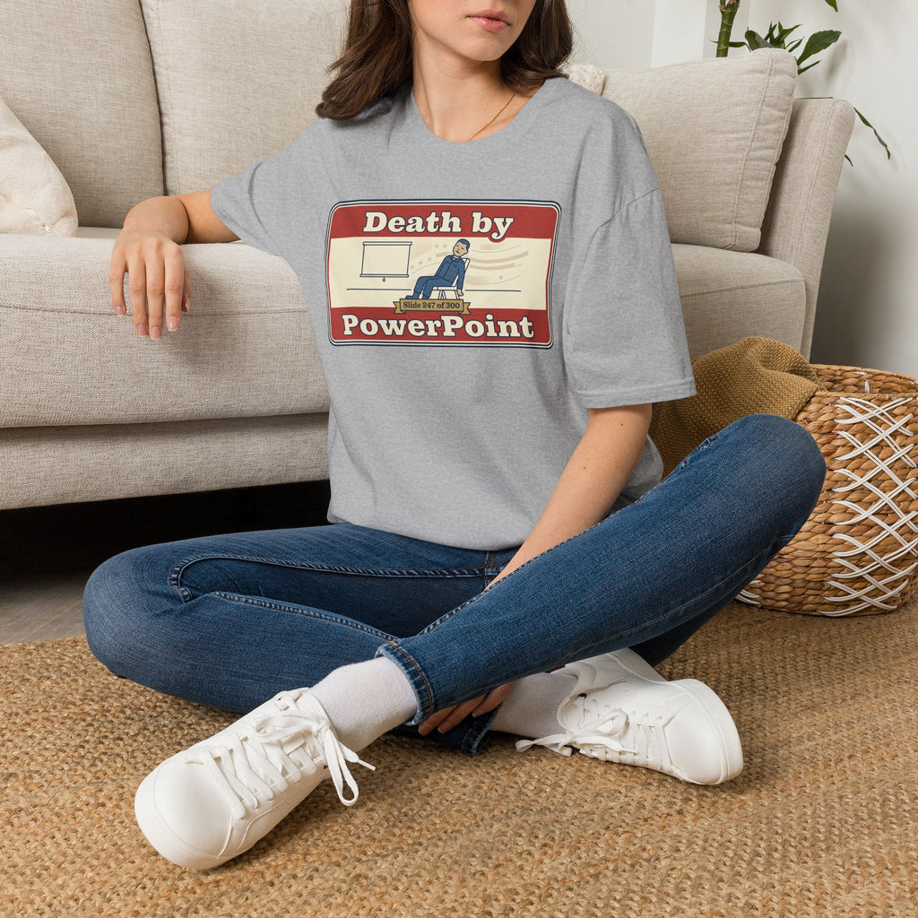Sport gray T-shirt worn by model, featuring 'Death by PowerPoint' graphic