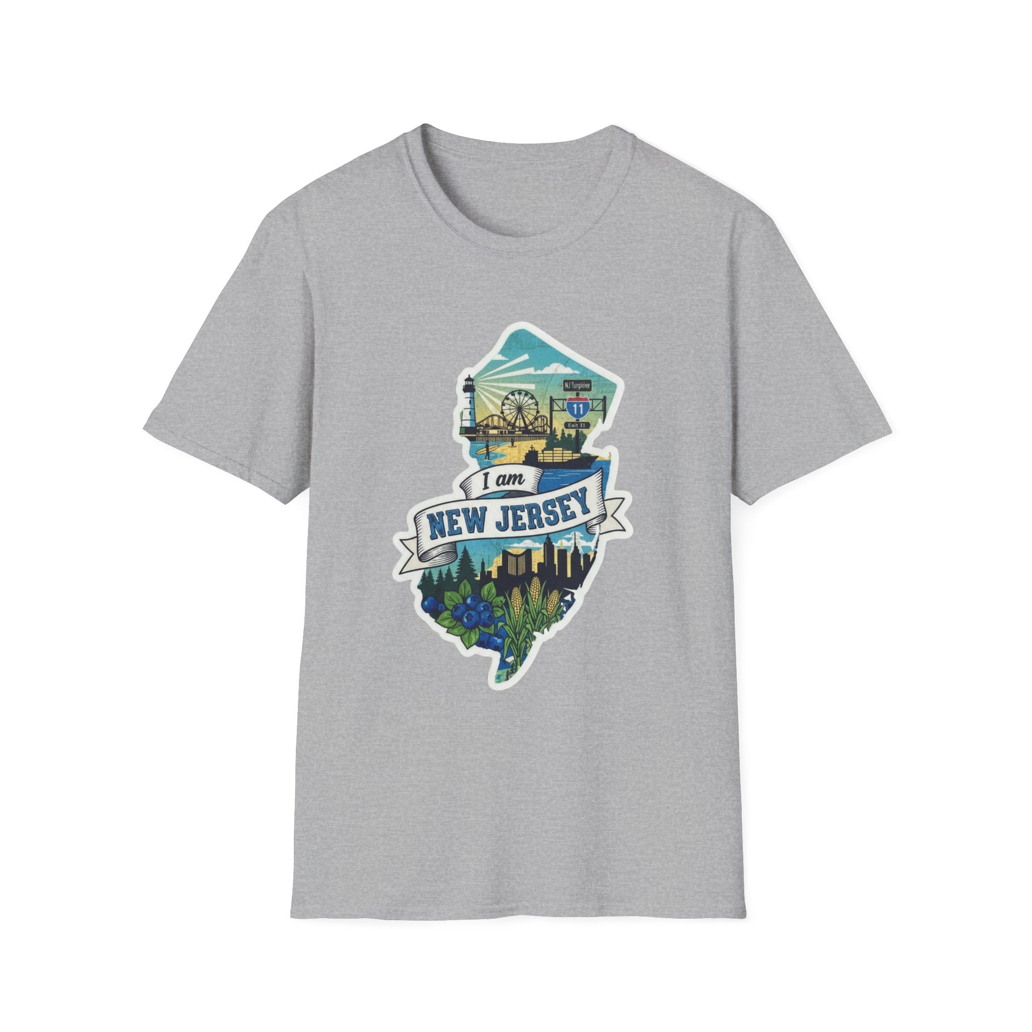Crew-neck T-shirt, sport grey, with New Jersey map skyline graphic on front.