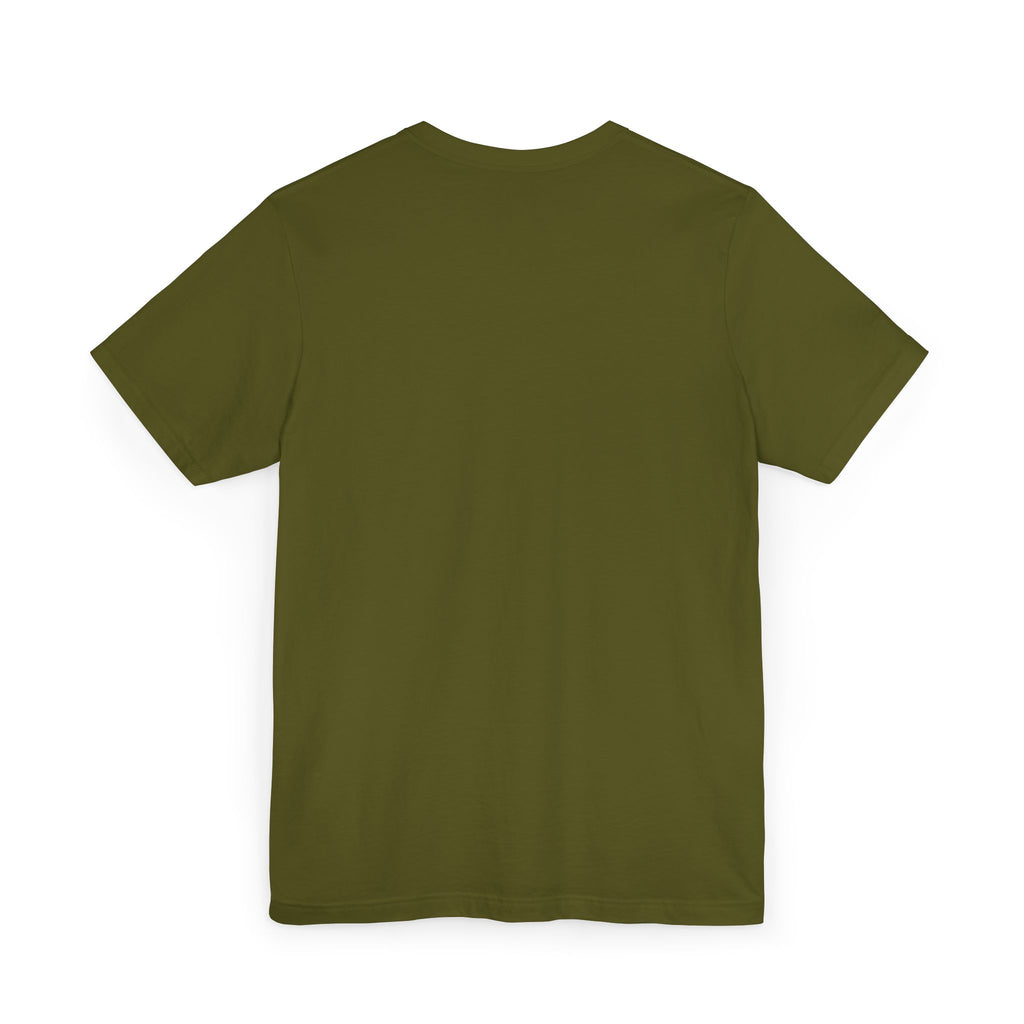 Olive green crew-neck T-shirt with short sleeves, plain front.