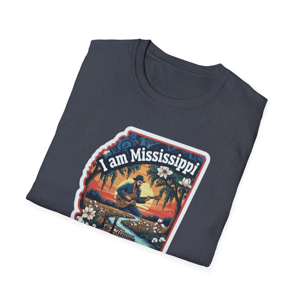 Dark gray T-shirt with "I am Mississippi" scenic logo graphic