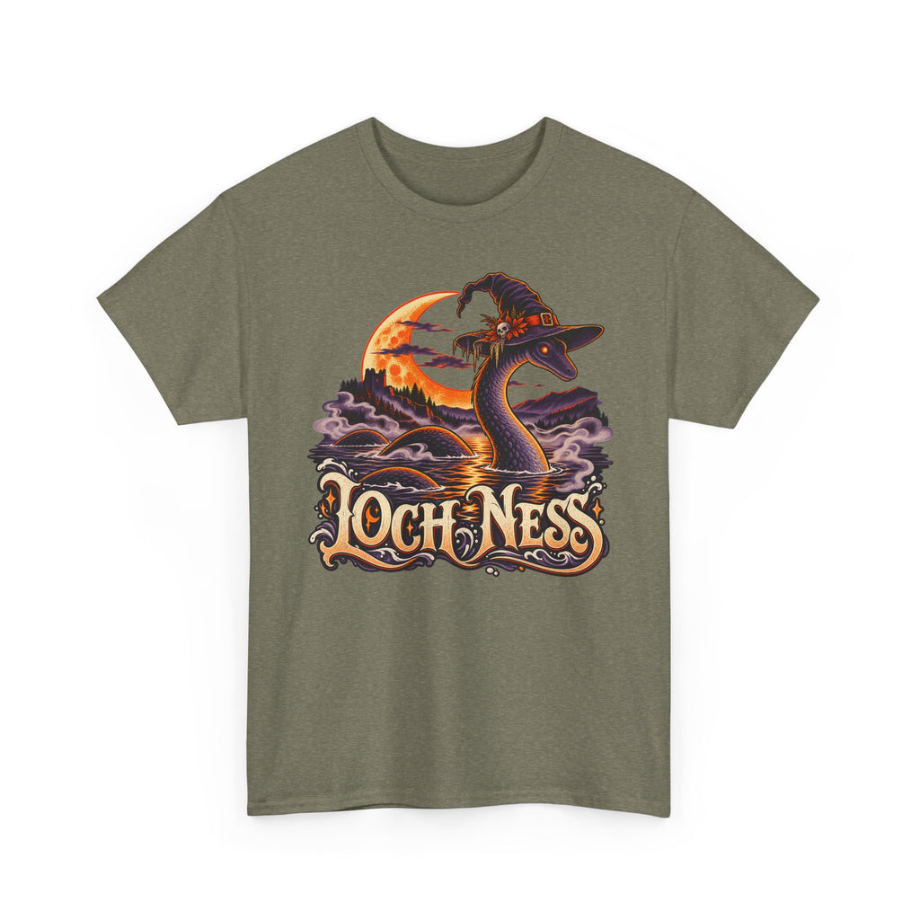Olive green crewneck T-shirt with Loch Ness monster wearing witch hat graphic