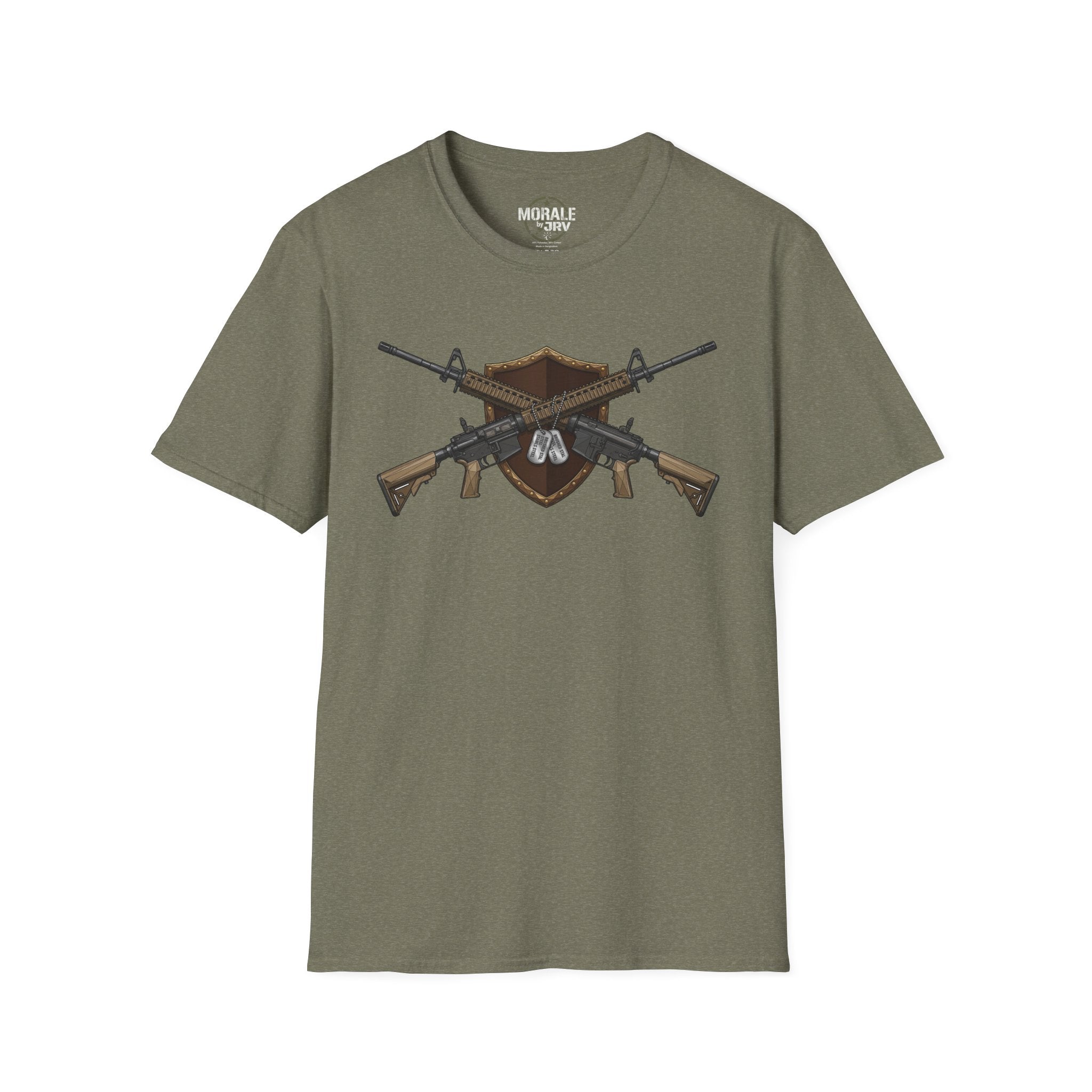 Heather military green T-shirt with crossed rifles shield emblem front graphic