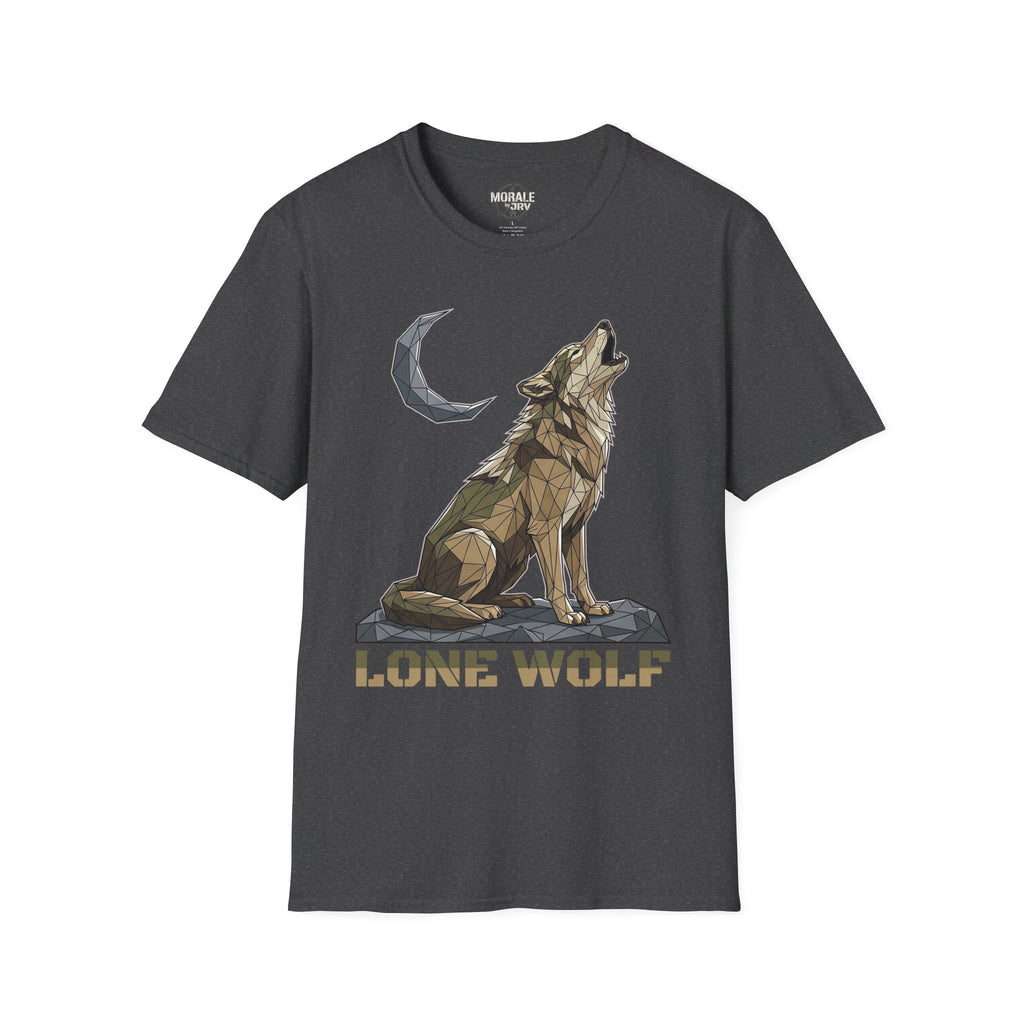 Charcoal dark T-shirt with geometric lone wolf howling and moon graphic