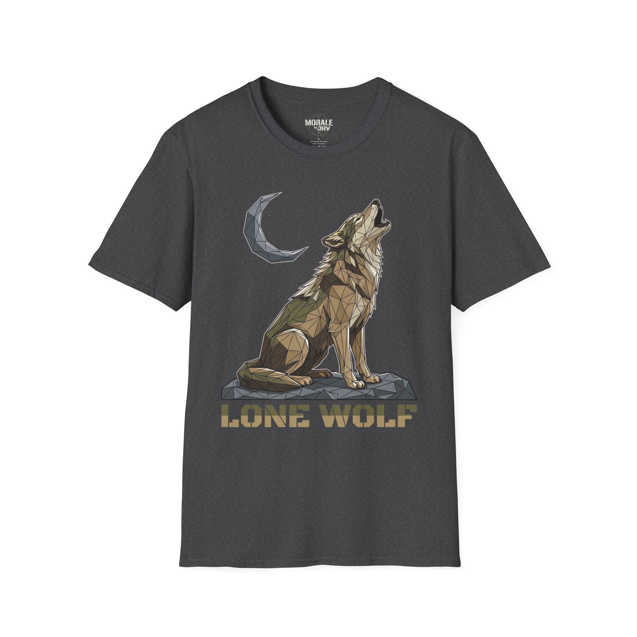 Charcoal dark T-shirt with geometric lone wolf howling and moon graphic