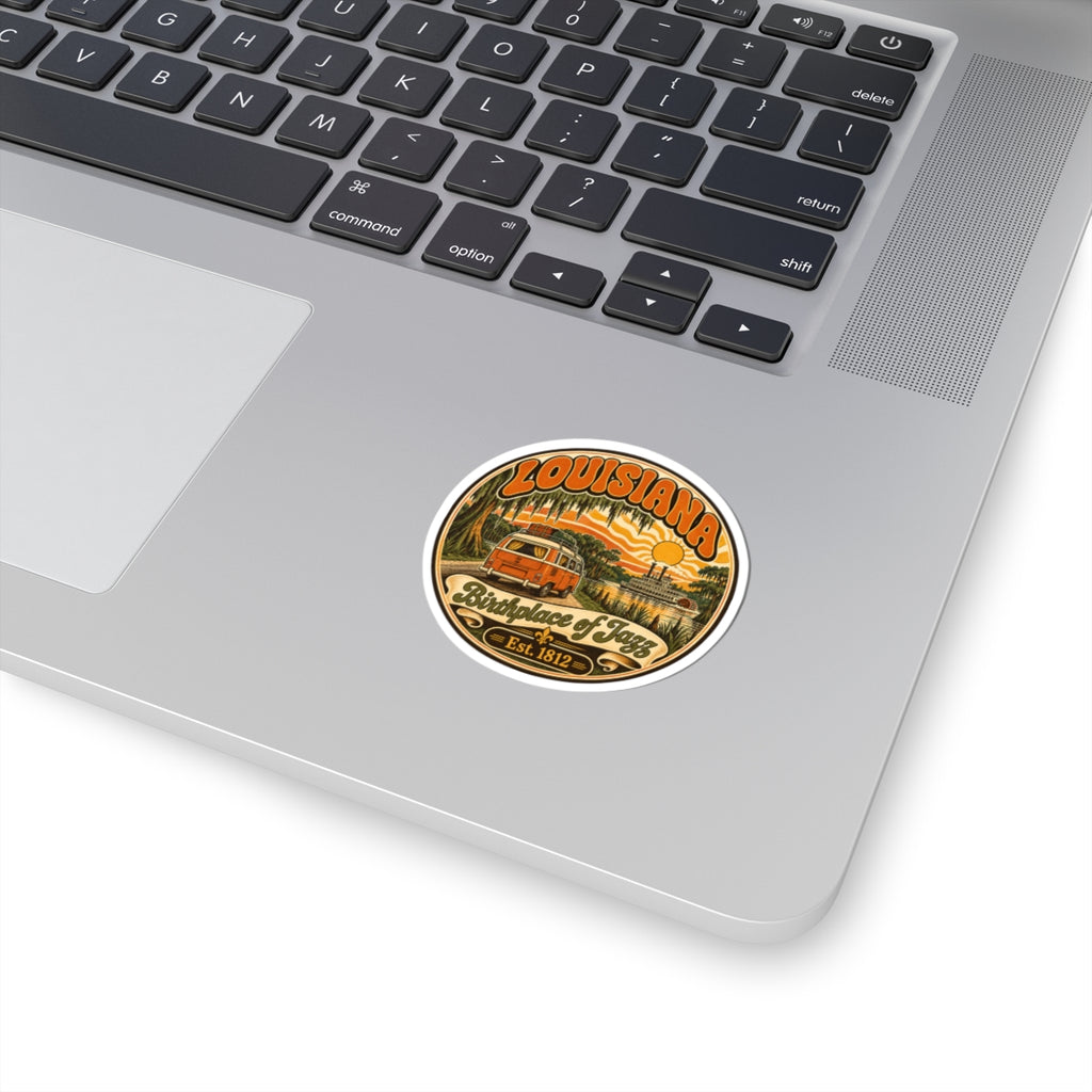 Retro Louisiana jazz birthplace sticker with bayou van illustration, round white border