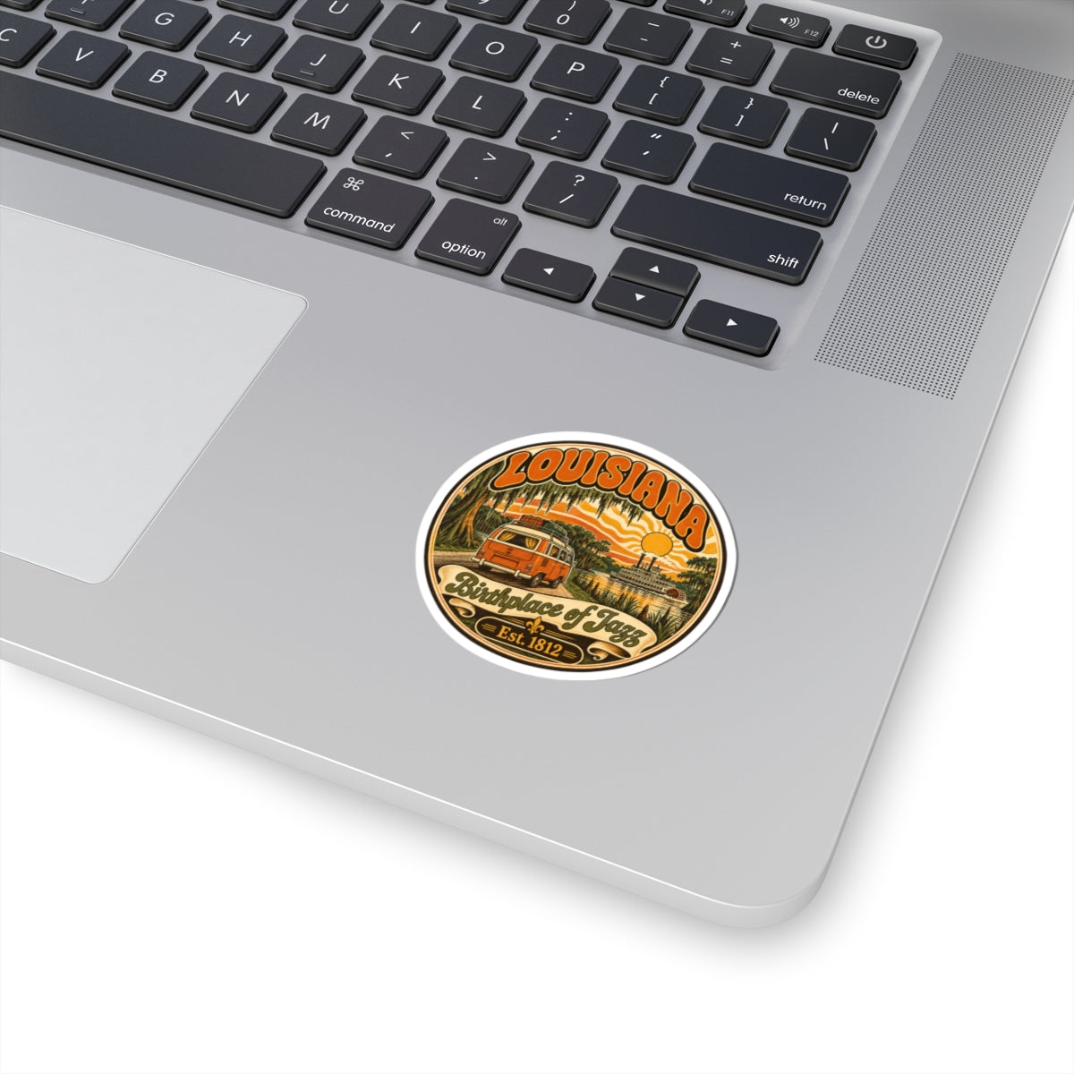 Retro Louisiana jazz birthplace sticker with bayou van illustration, round white border