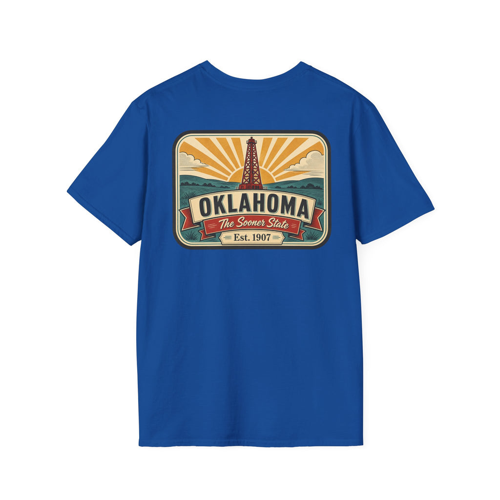 Royal blue T-shirt with rectangular Oklahoma Sooner State logo