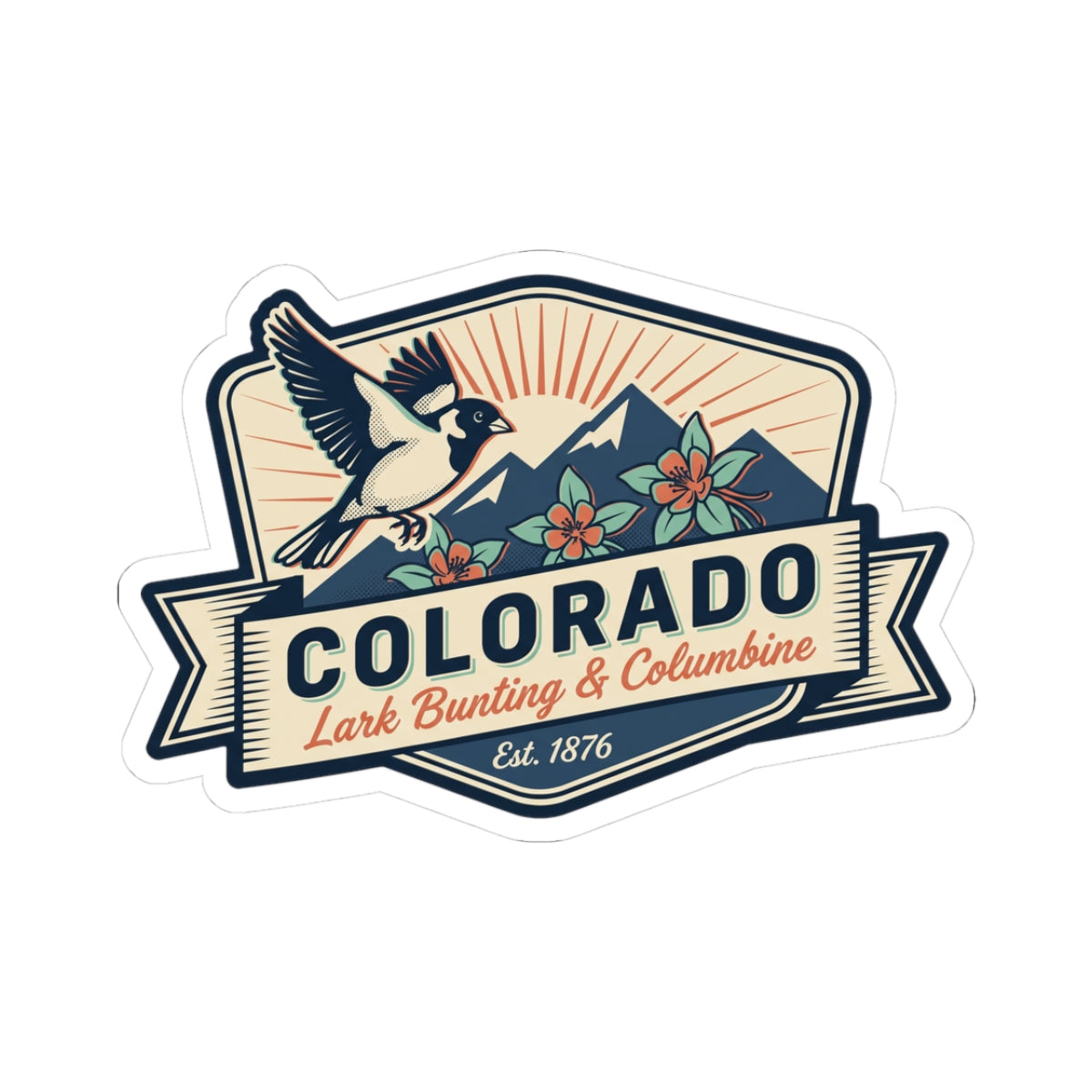 Colorado sticker decal with flying bird, mountain shapes, floral accents, and ribbon text