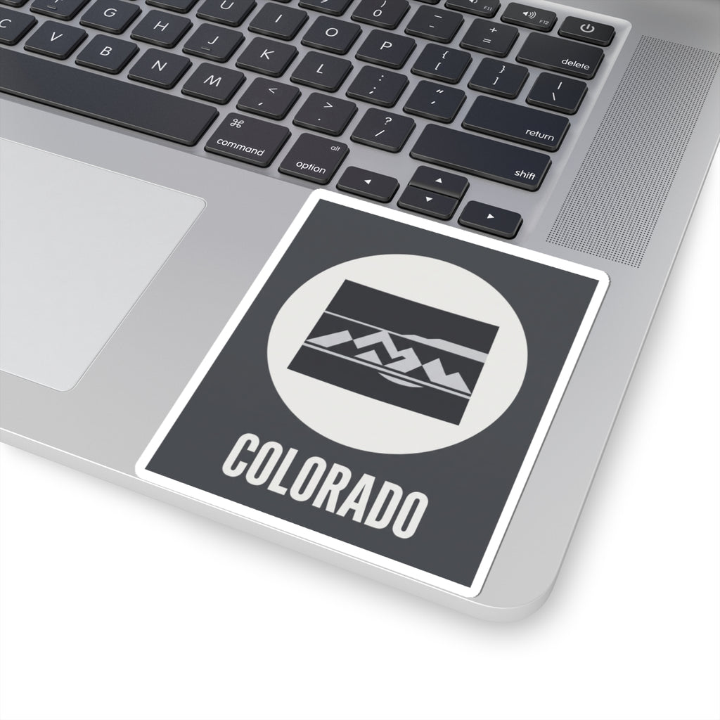 Colorado mountain badge sticker with white circle logo, striped mountains, and COLORADO wording